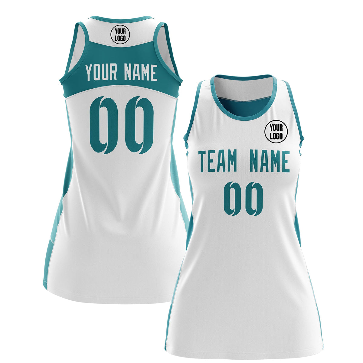 Custom Netball Dress | White Teal Classic Style Two-Tone Professional Team Uniforms