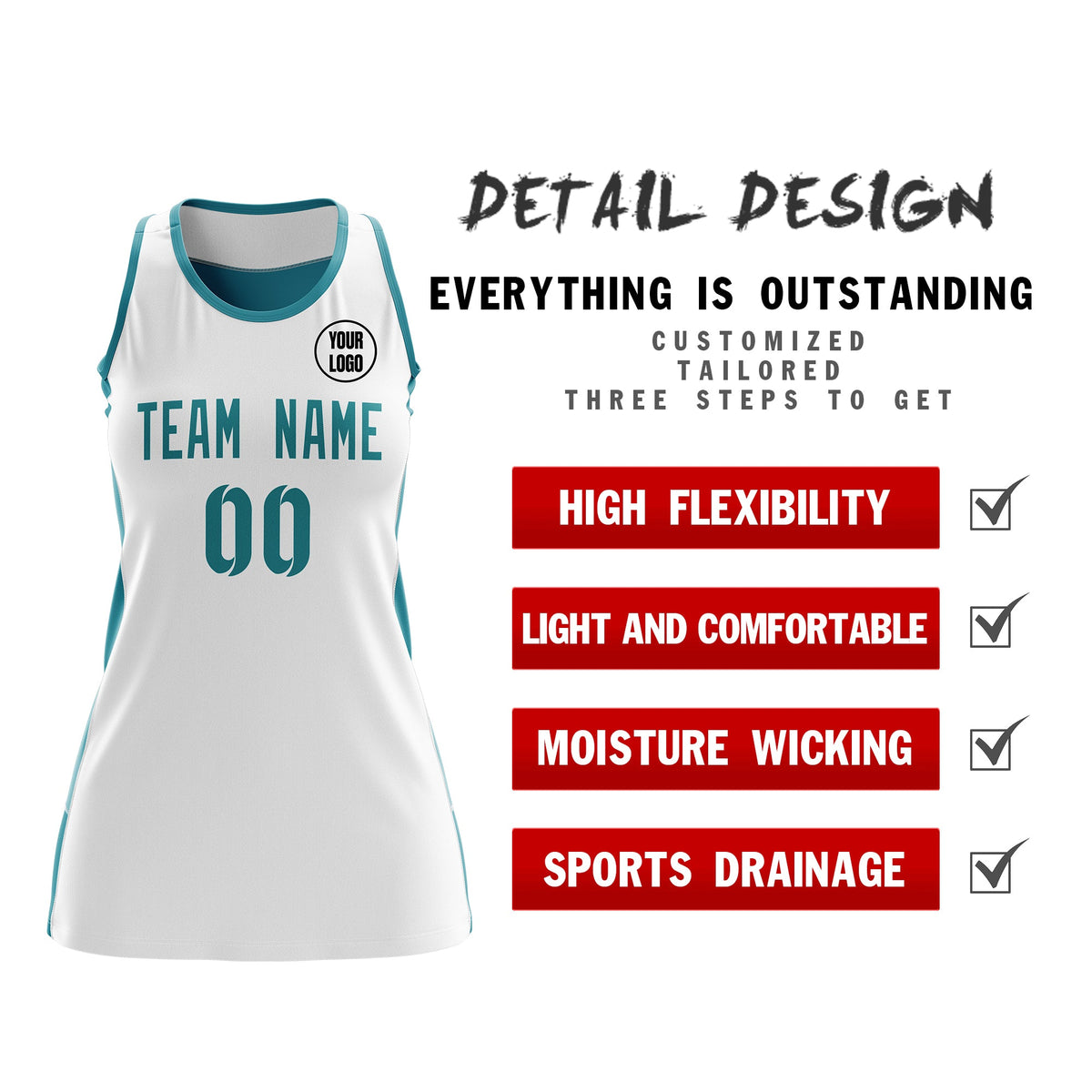 Custom Netball Dress | White Teal Classic Style Two-Tone Professional Team Uniforms