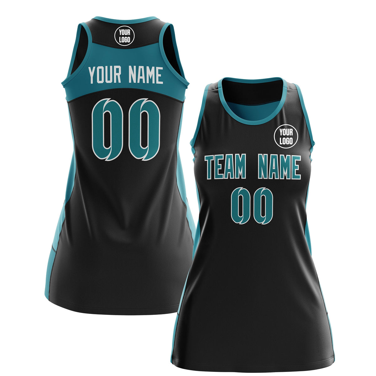 Custom Netball Dress | Black Teal Classic Style Two-Tone Professional Team Uniforms