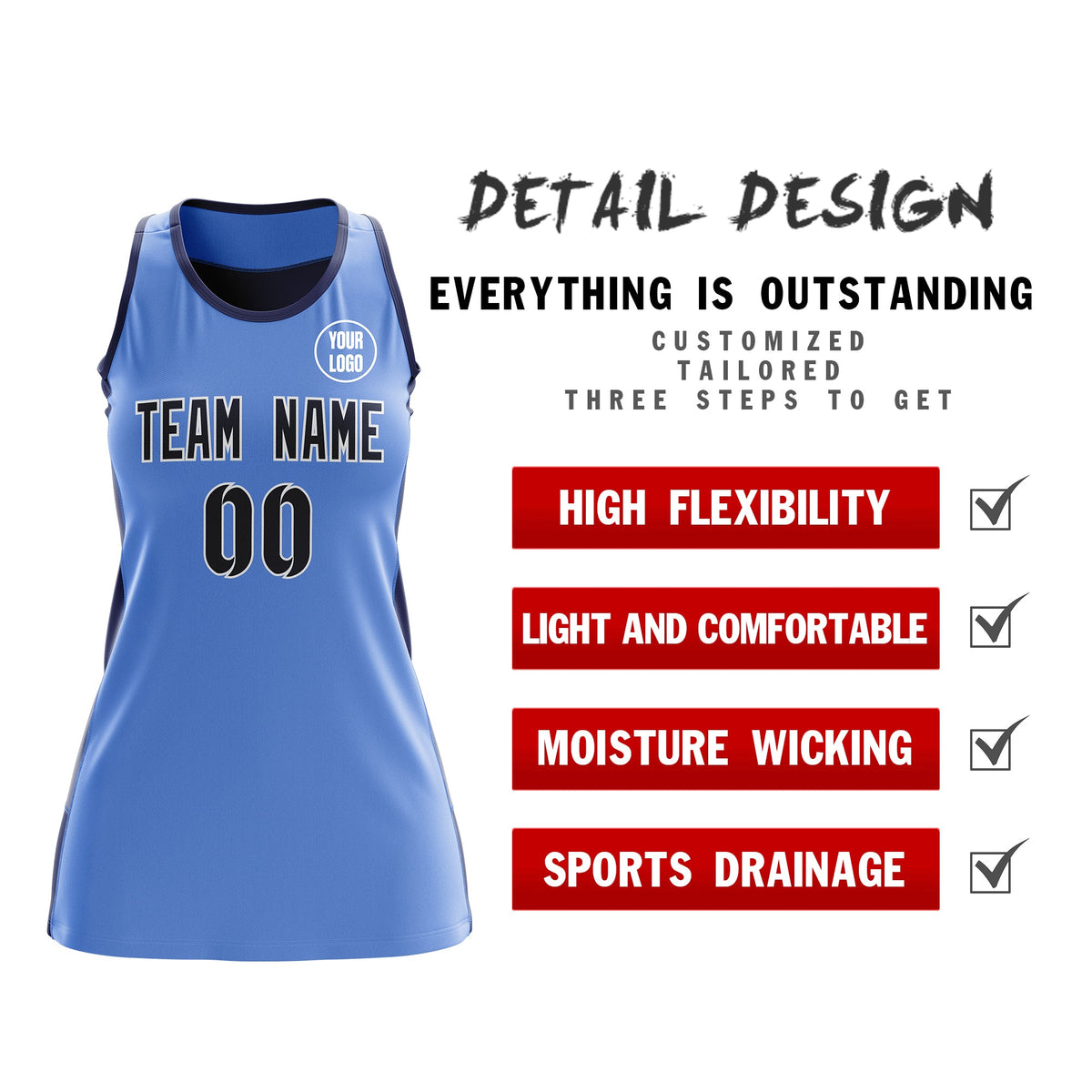Custom Netball Dress | Powder Blue Navy Classic Style Two-Tone Breathable Performance Sportswear