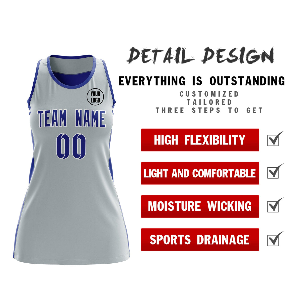 Custom Netball Dress | Silver Royal Blue Classic Style Two-Tone Breathable Performance Sportswear