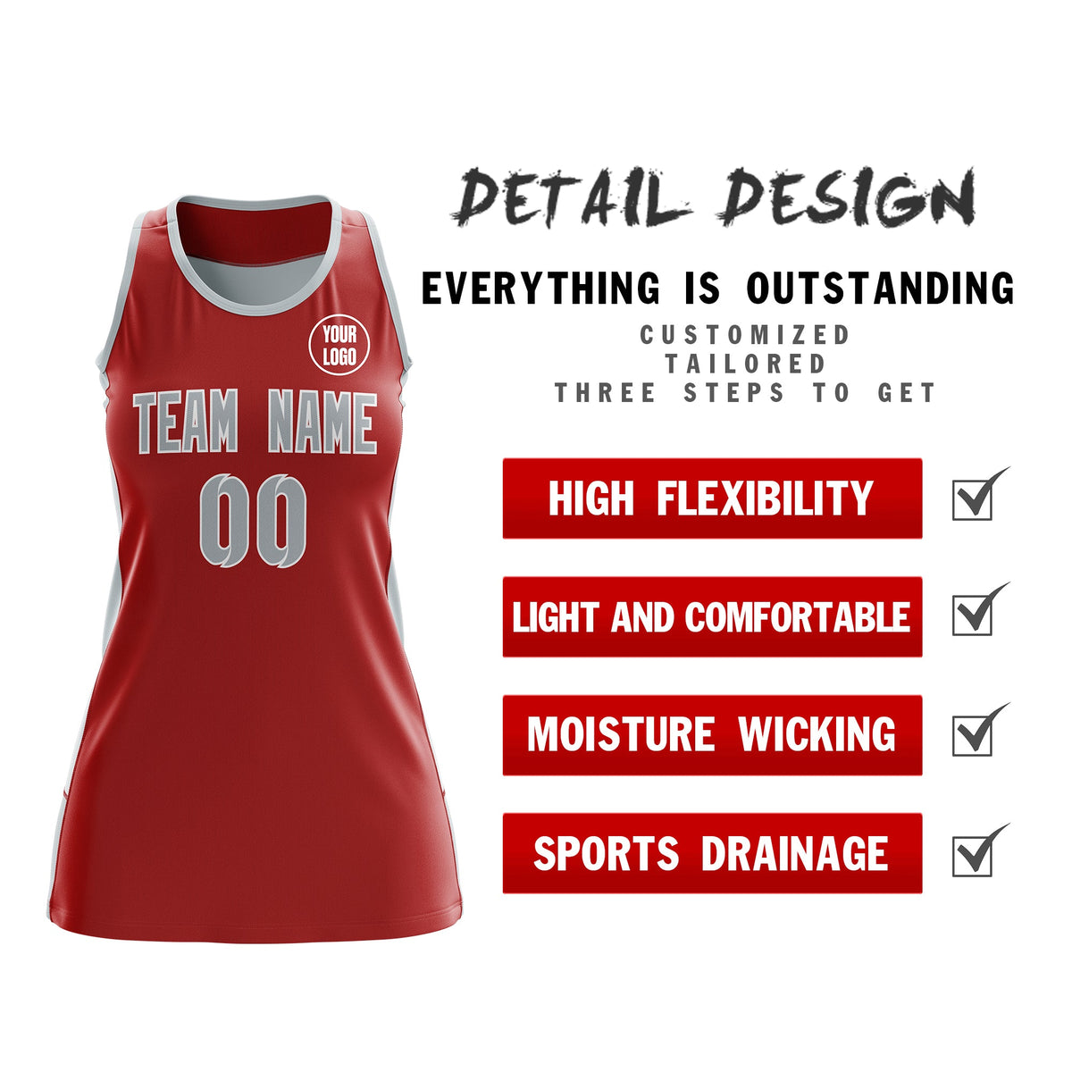 Custom Netball Dress | Red Silver Classic Style Two-Tone Professional Team Uniforms