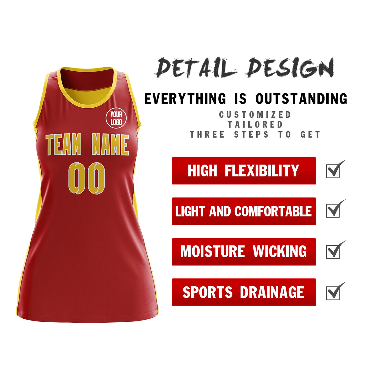 Custom Netball Dress | Red Gold Classic Style Two-Tone Match Day Uniform