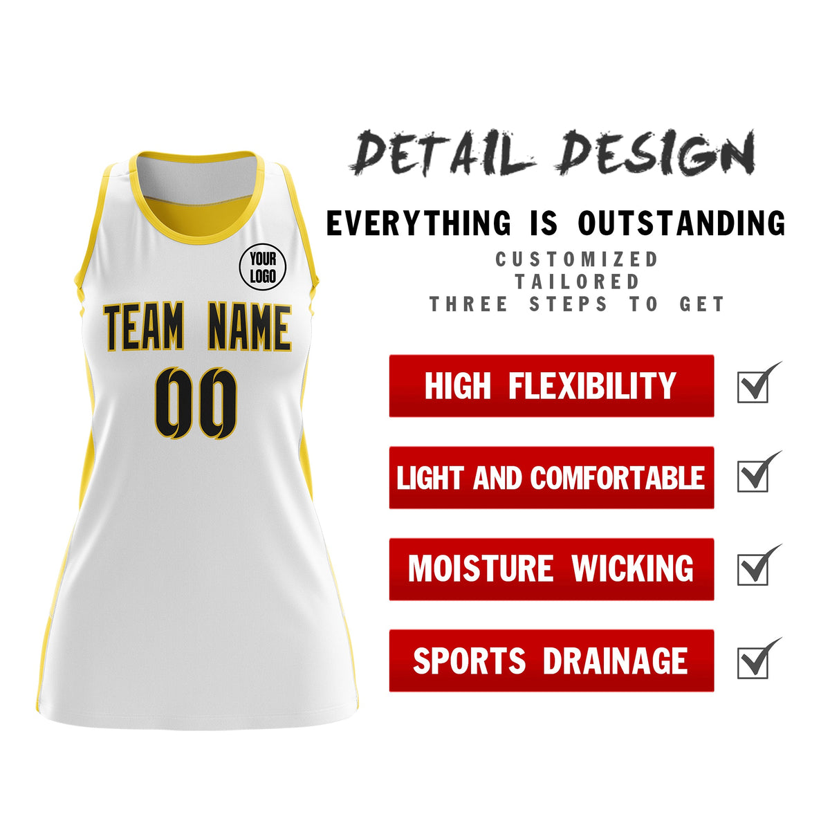 Custom Netball Dress | White Gold Classic Style Two-Tone Breathable Performance Sportswear