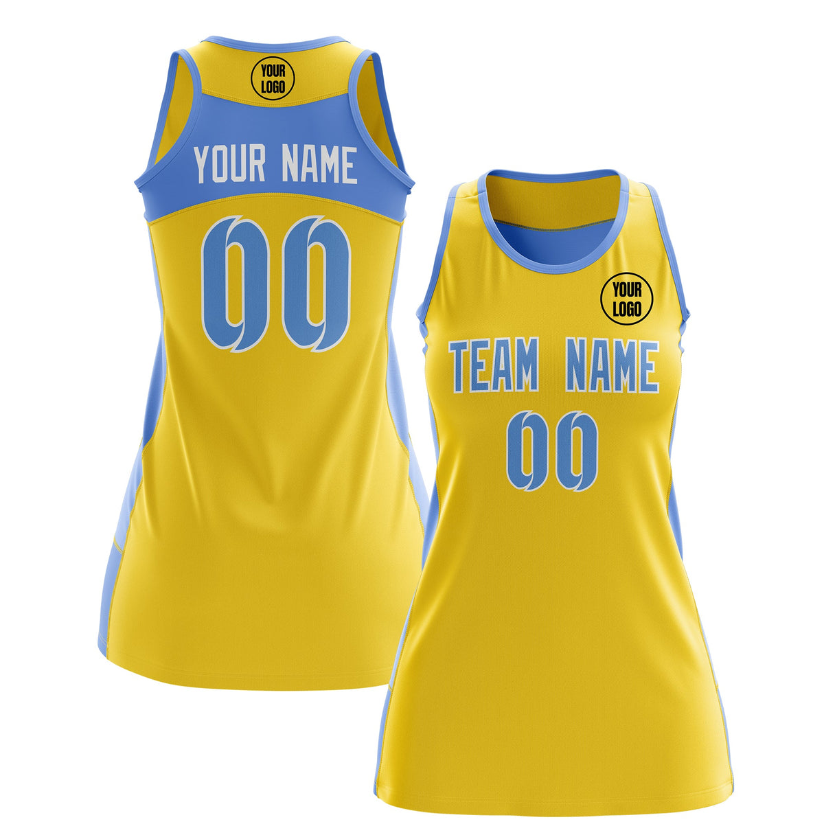 Custom Netball Dress | Gold Powder Blue Classic Style Two-Tone Breathable Performance Sportswear
