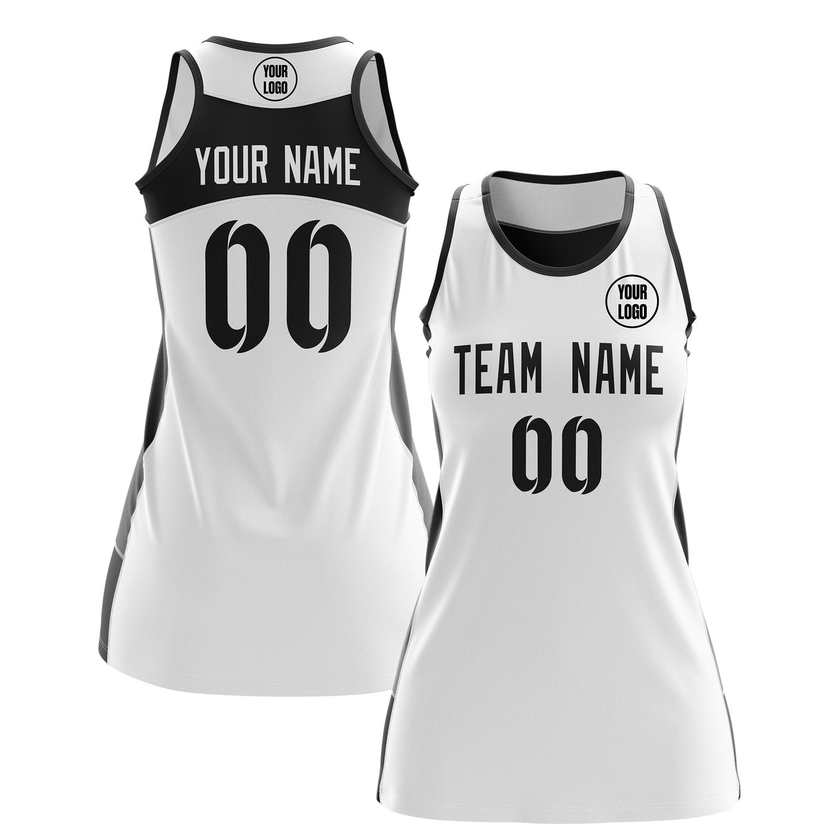 Custom Netball Dress | White Black Classic Style Two-Tone Professional Team Uniforms