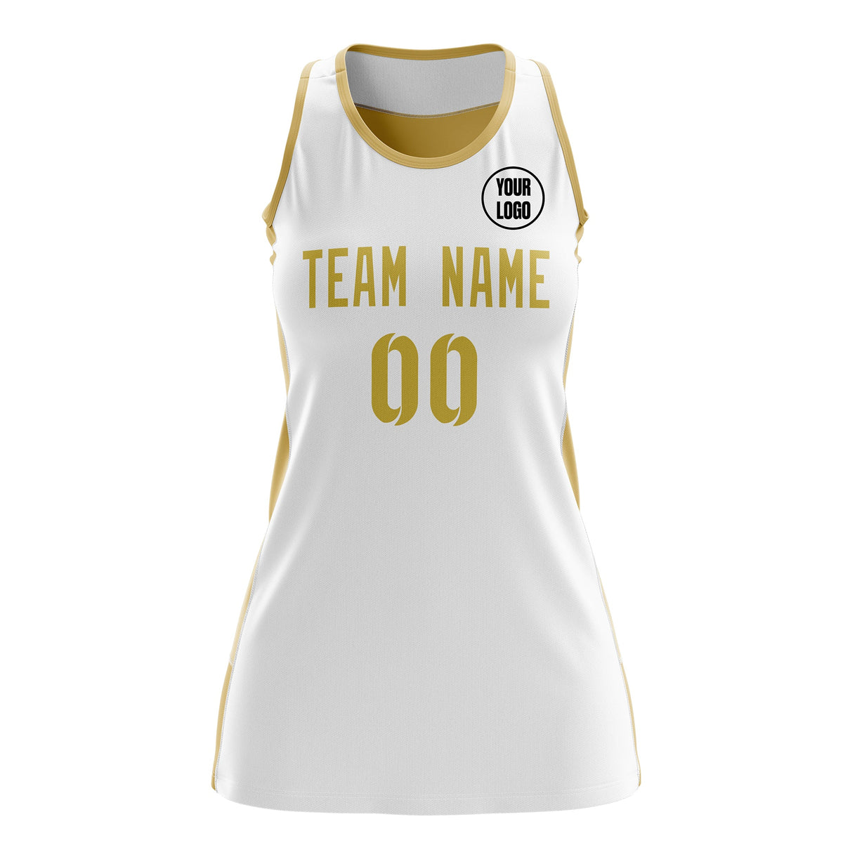 Custom Netball Dress | White Old Gold Classic Style Two-Tone Breathable Performance Sportswear