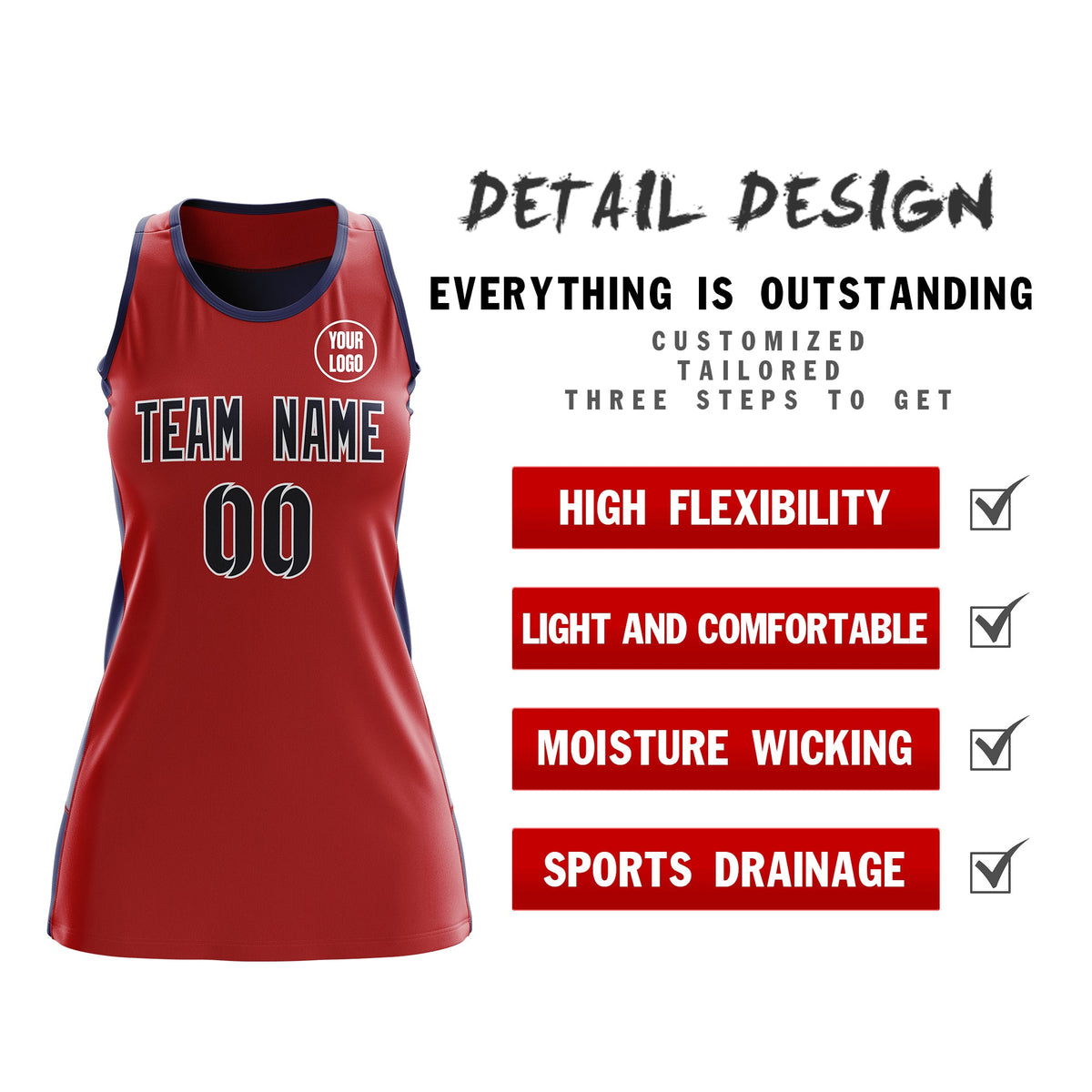 Custom Netball Dress | Red Navy Classic Style Two-Tone Professional Team Uniforms