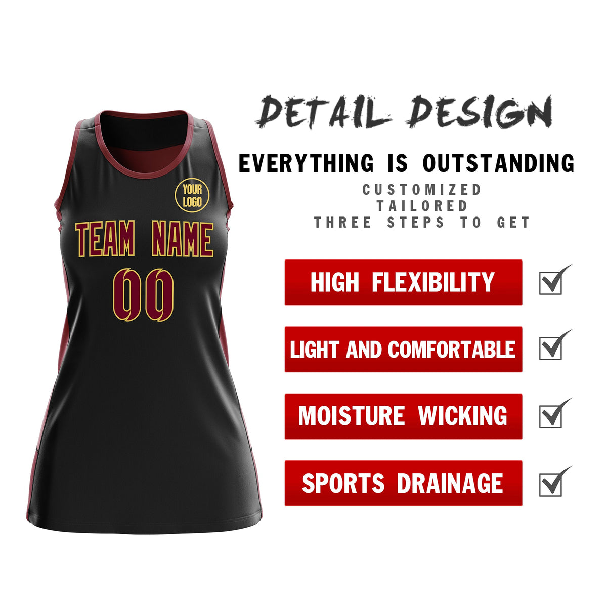 Custom Netball Dress | Black Crimson Classic Style Two-Tone Professional Team Uniforms
