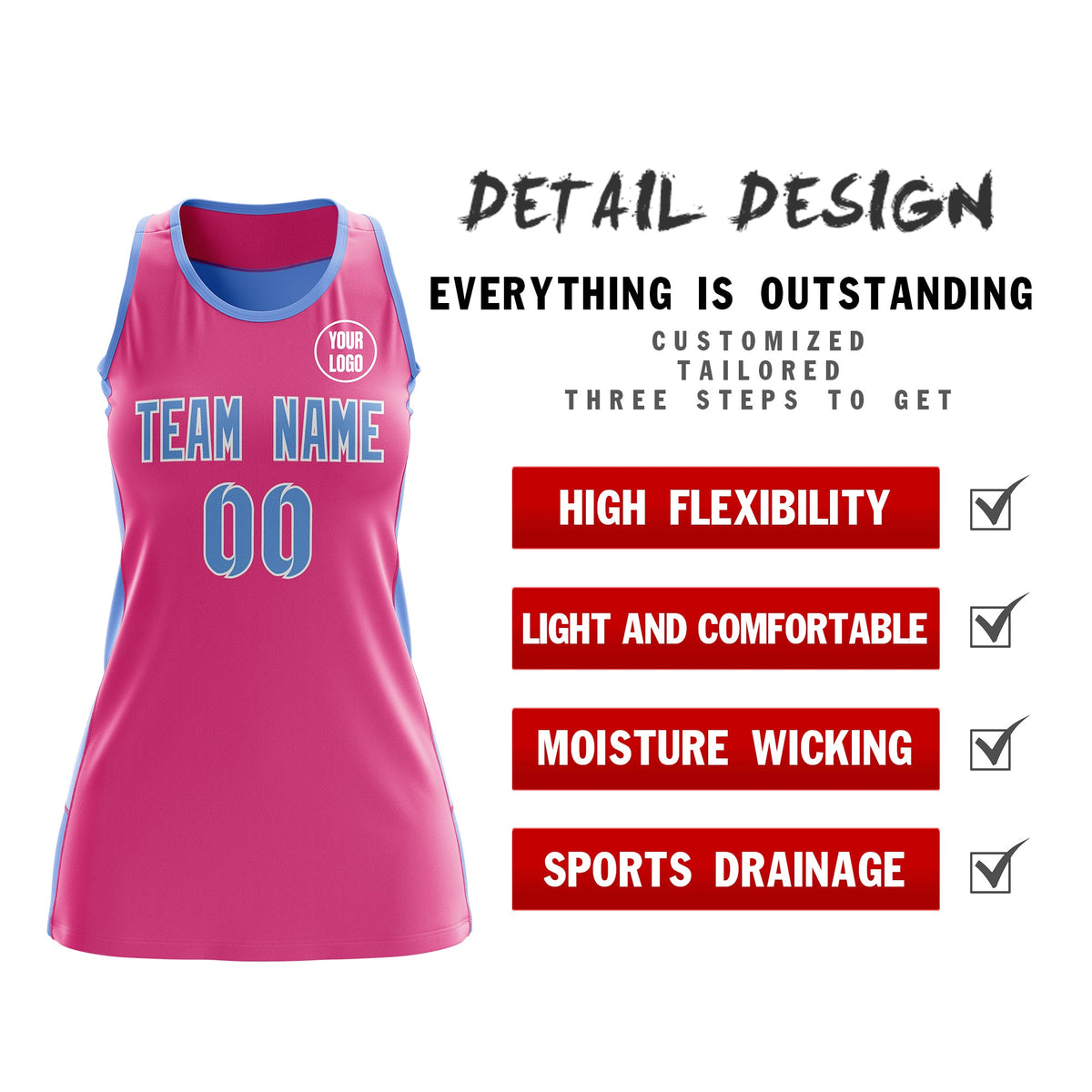 Custom Netball Dress | Pink Powder Blue Classic Style Two-Tone Professional Team Uniforms