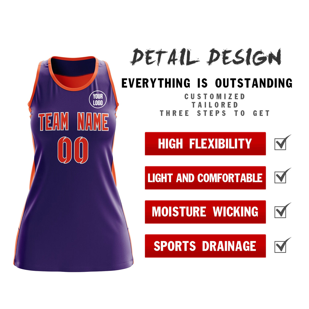 Custom Netball Dress | Purple Orange Classic Style Two-Tone Breathable Performance Sportswear