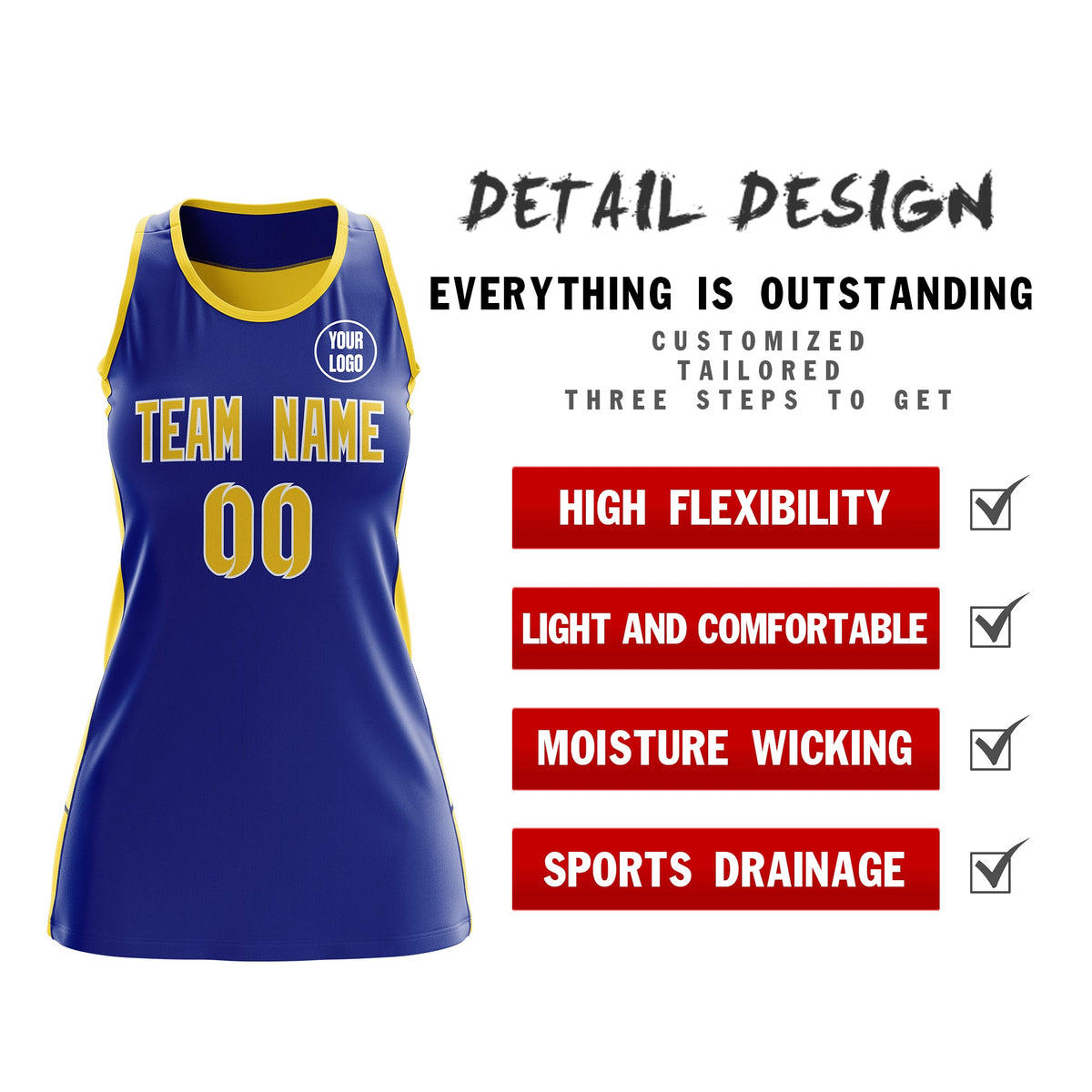 Custom Netball Dress | Royal Blue Gold Classic Style Two-Tone Breathable Performance Sportswear