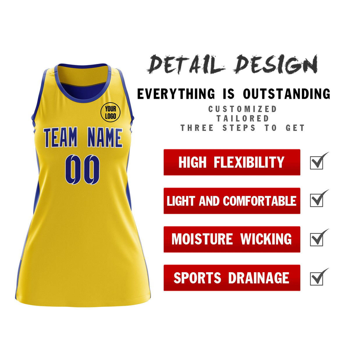 Custom Netball Dress | Gold Royal Blue Classic Style Two-Tone Professional Team Uniforms