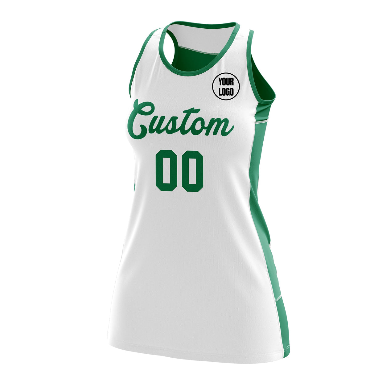 Custom Netball Dress | White Kelly Green Classic Style Two-Tone Professional Team Uniforms