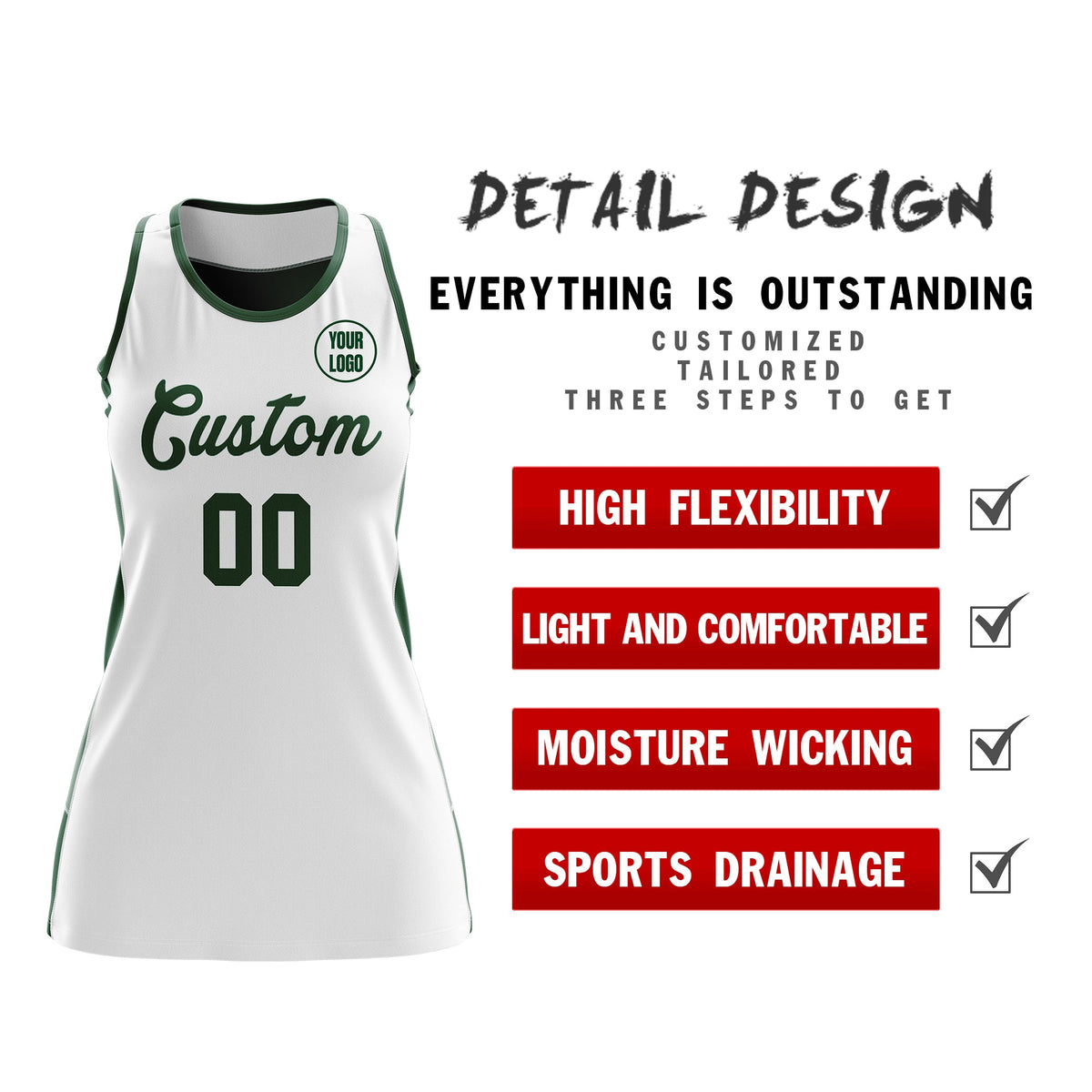 Custom Netball Dress | White Green Classic Style Two-Tone Professional Team Uniforms
