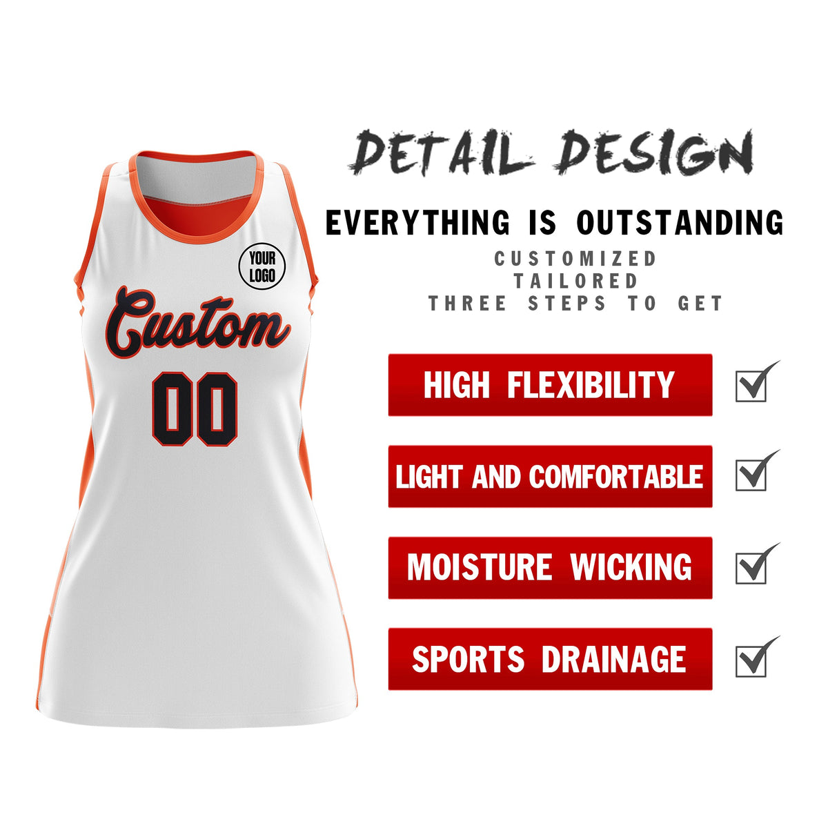 Custom Netball Dress | White Orange Classic Style Two-Tone Breathable Performance Sportswear