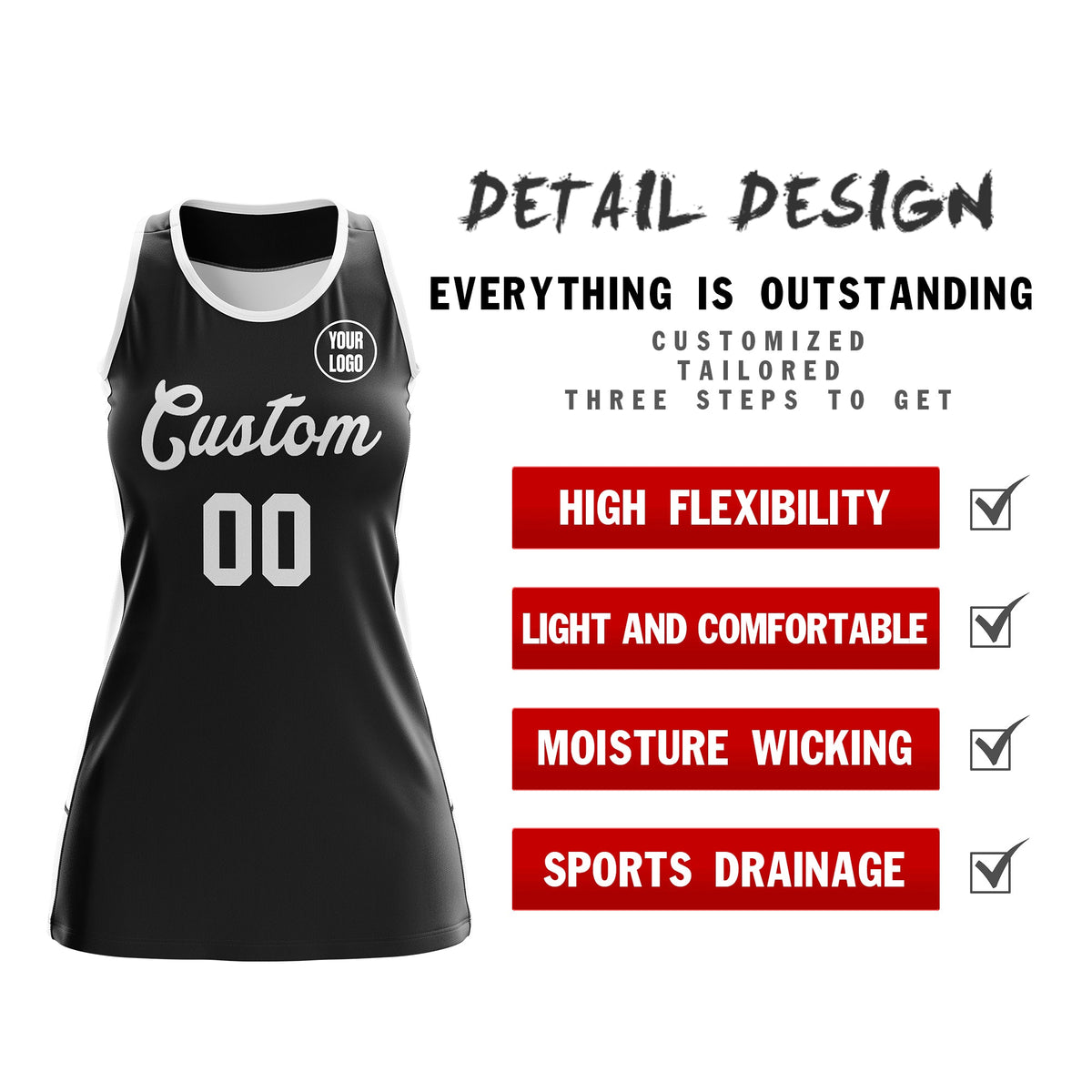Custom Netball Dress | Black White Classic Style Two-Tone Professional Team Uniforms