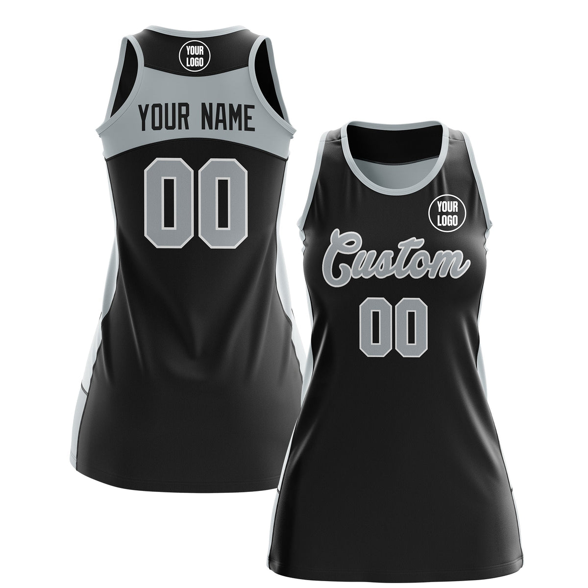 Custom Netball Dress | Black Silver Classic Style Two-Tone Professional Team Uniforms
