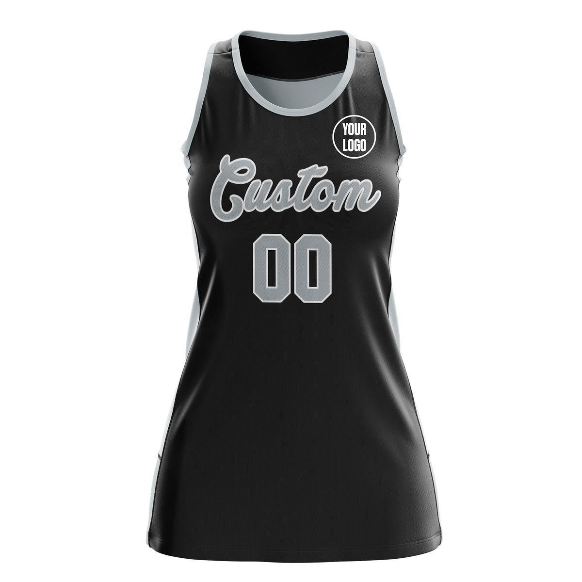 Custom Netball Dress | Black Silver Classic Style Two-Tone Professional Team Uniforms