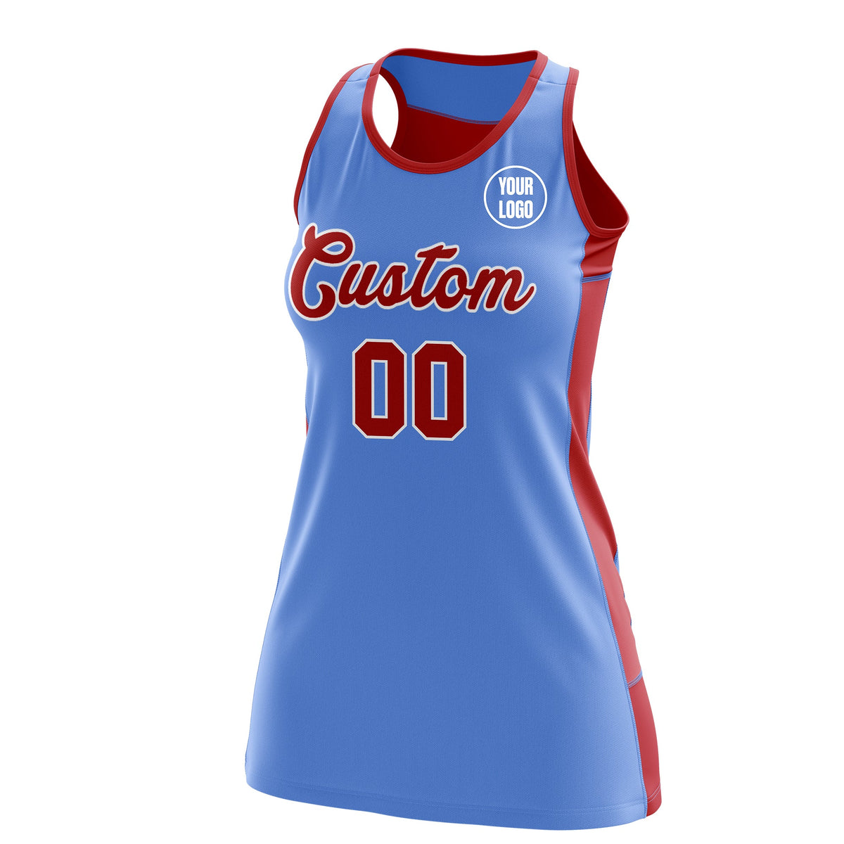 Custom Netball Dress | Powder Blue Red Classic Style Two-Tone Match Day Uniform