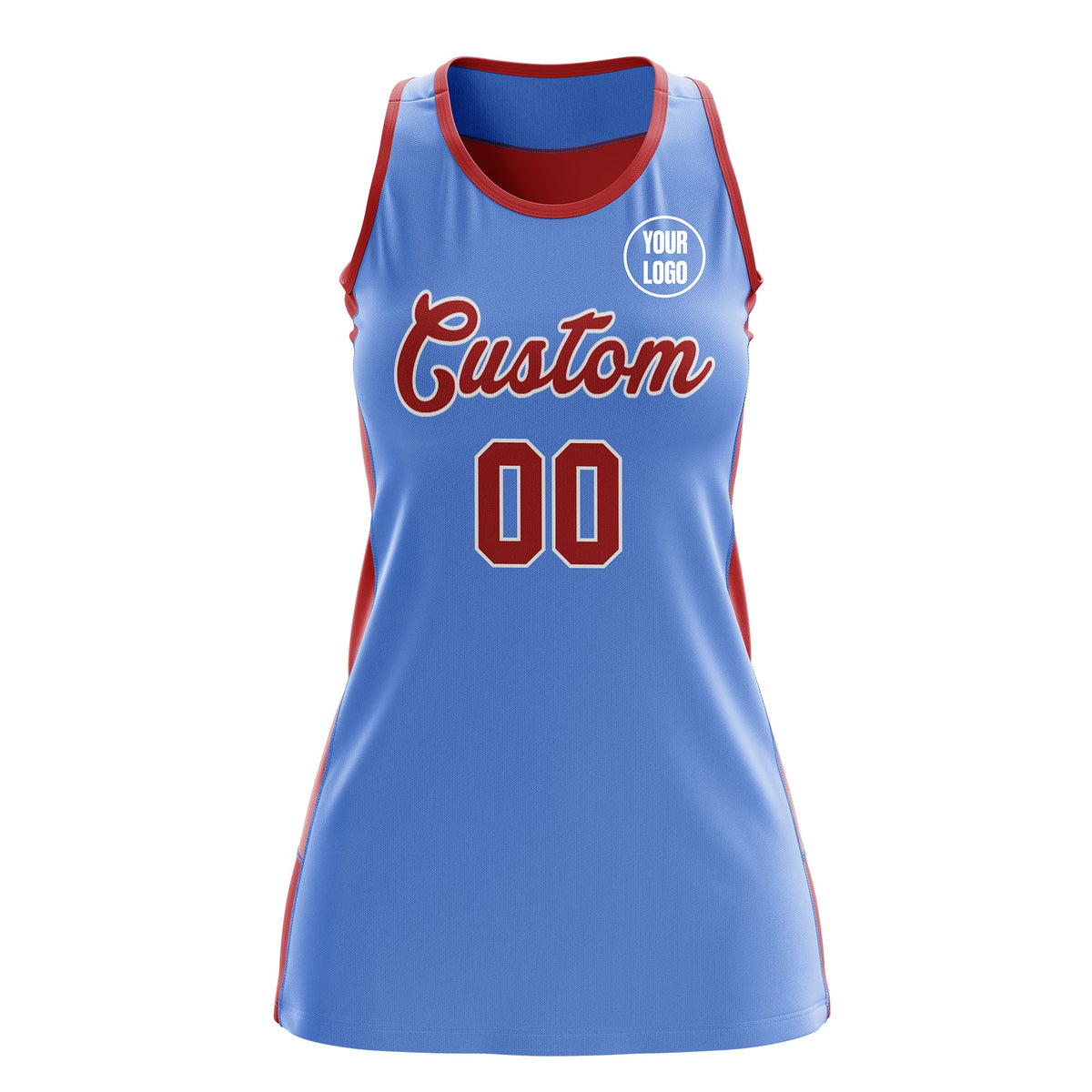 Custom Netball Dress | Powder Blue Red Classic Style Two-Tone Match Day Uniform