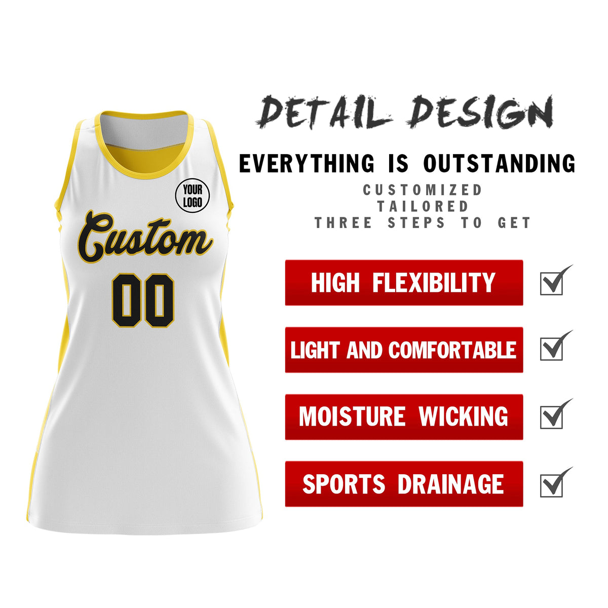 Custom Netball Dress | White Gold Classic Style Two-Tone Breathable Performance Sportswear