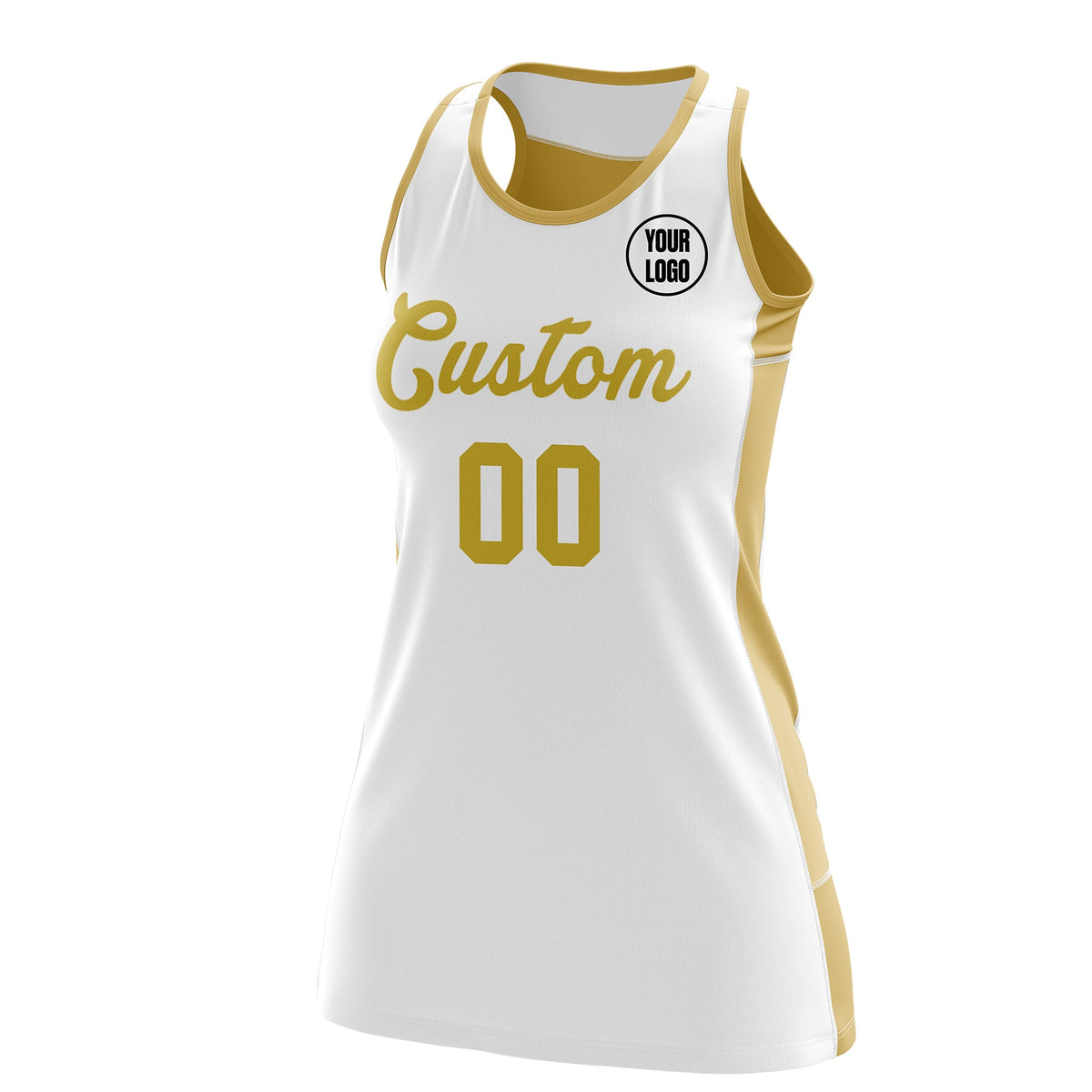 Custom Netball Dress | White Old Gold Classic Style Two-Tone Breathable Performance Sportswear