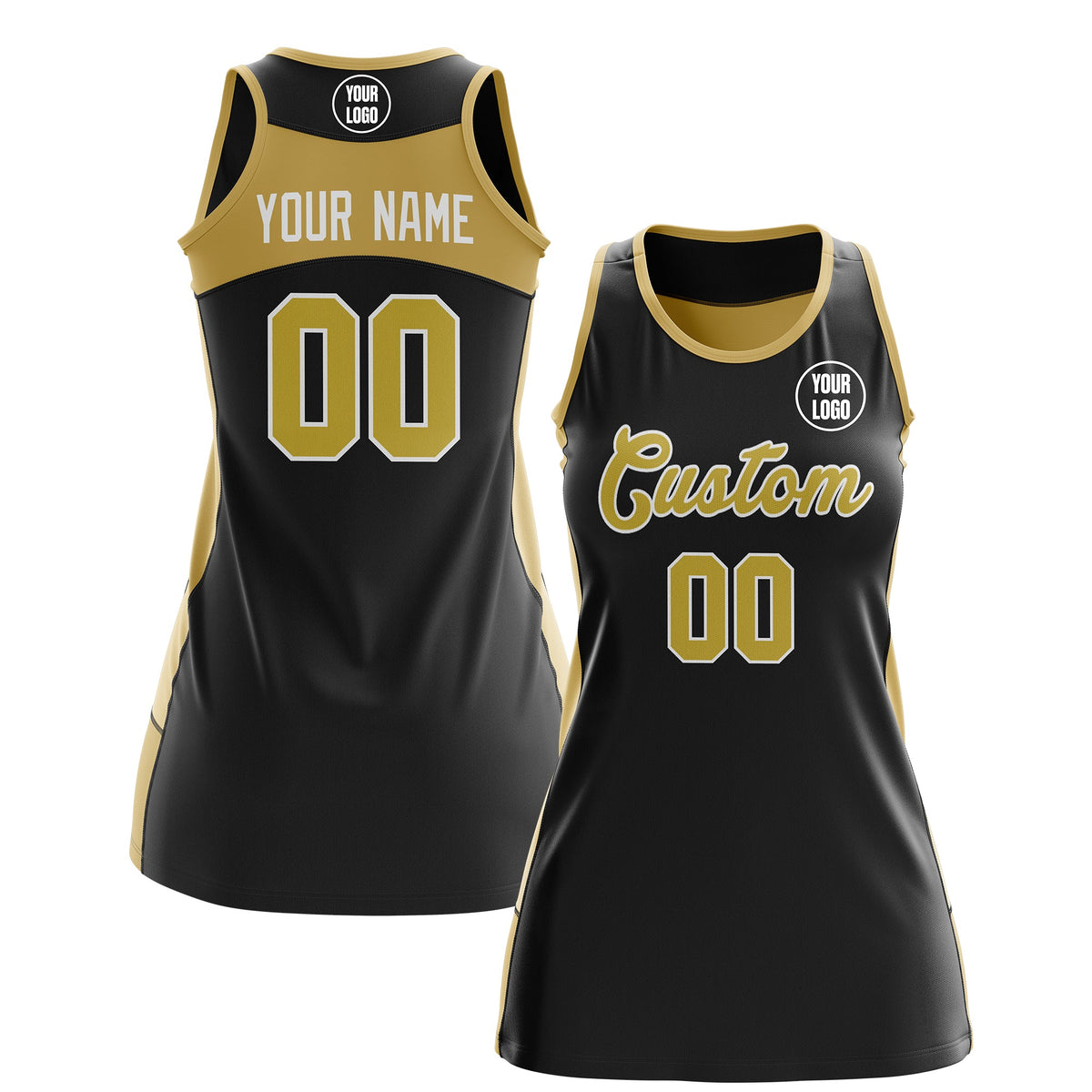 Custom Netball Dress | Black Old Gold Classic Style Two-Tone Professional Team Uniforms