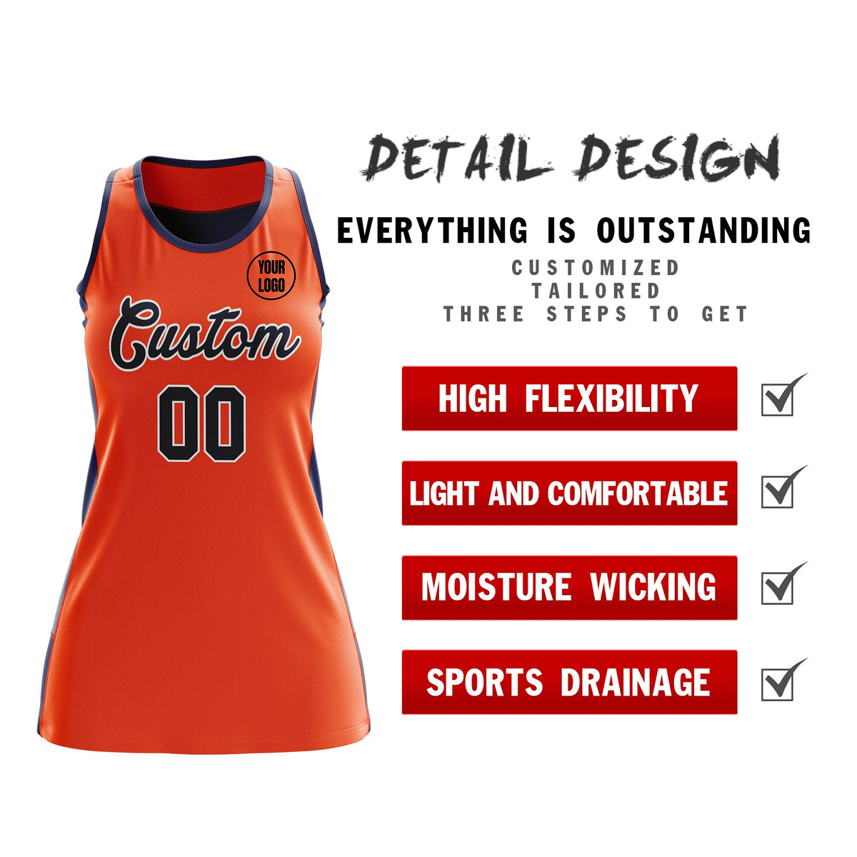 Custom Netball Dress | Orange Navy Classic Style Two-Tone Breathable Performance Sportswear