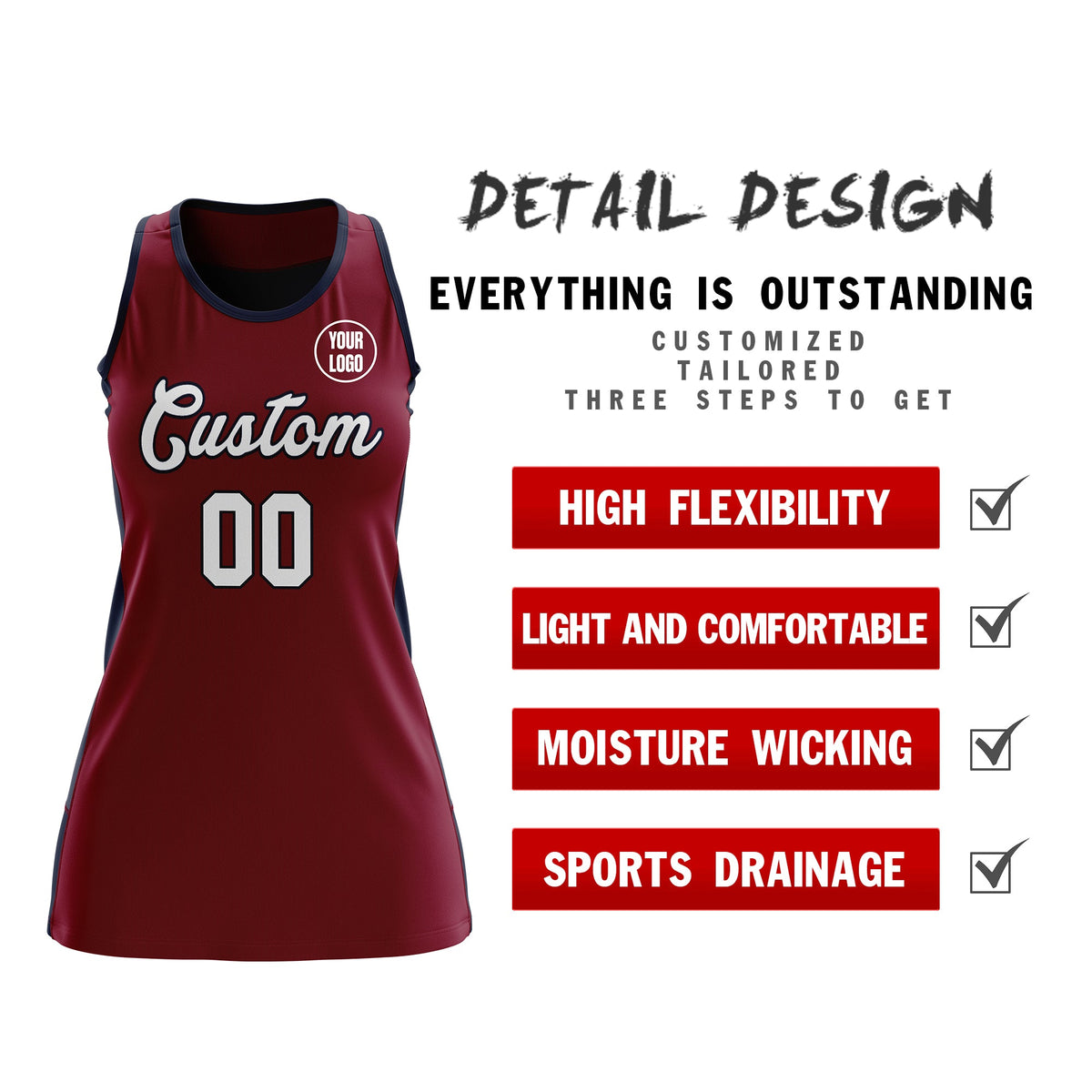 Custom Netball Dress | Crimson Navy Classic Style Two-Tone Breathable Performance Sportswear
