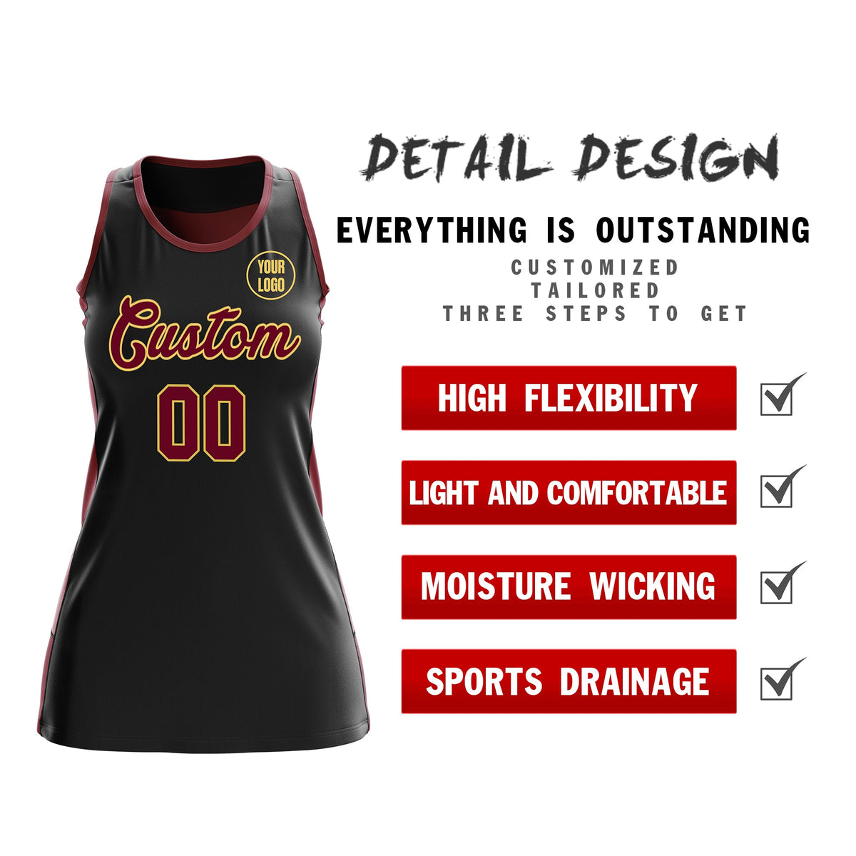 Custom Netball Dress | Black Crimson Classic Style Two-Tone Professional Team Uniforms