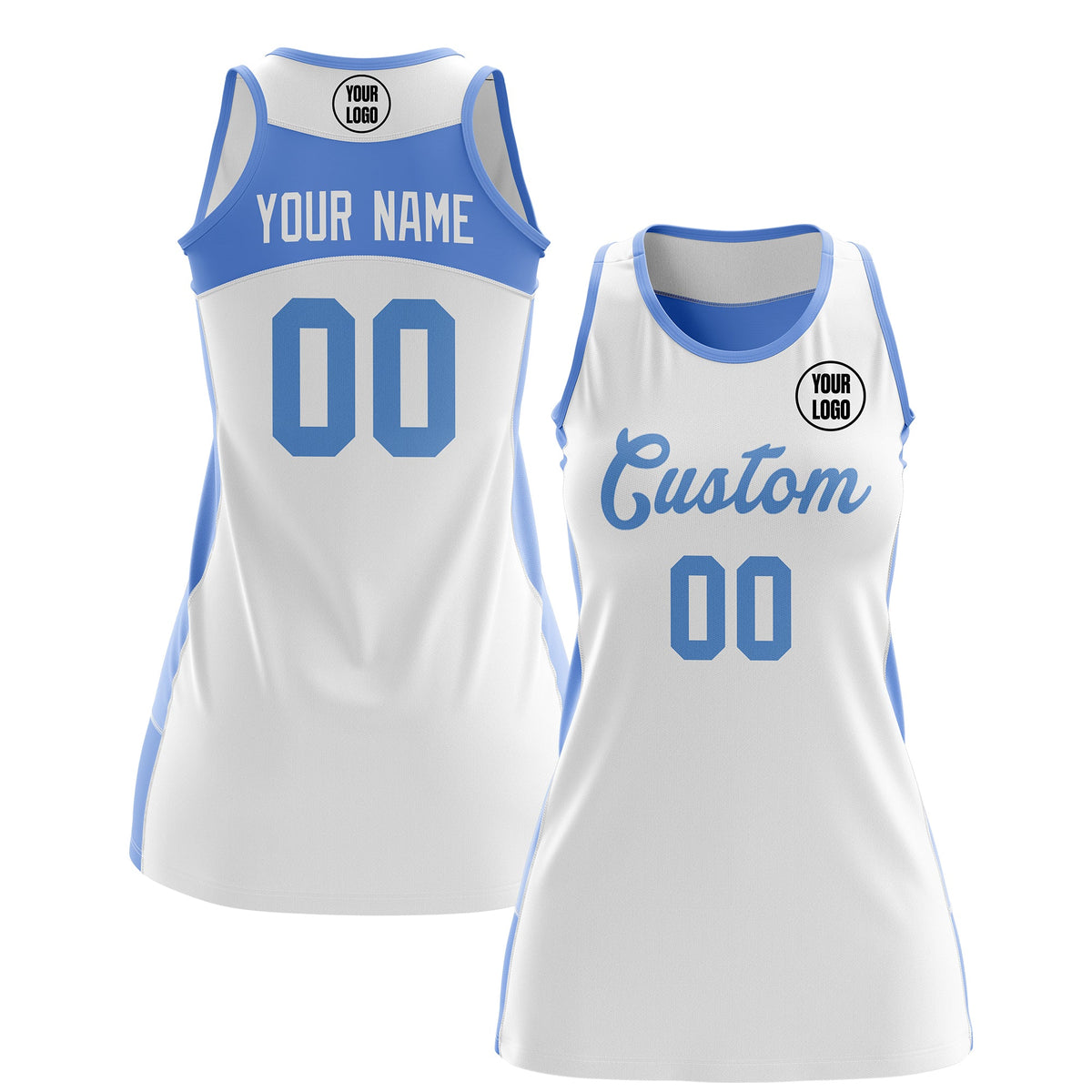 Custom Netball Dress | White Powder Blue Classic Style Two-Tone Match Day Uniform