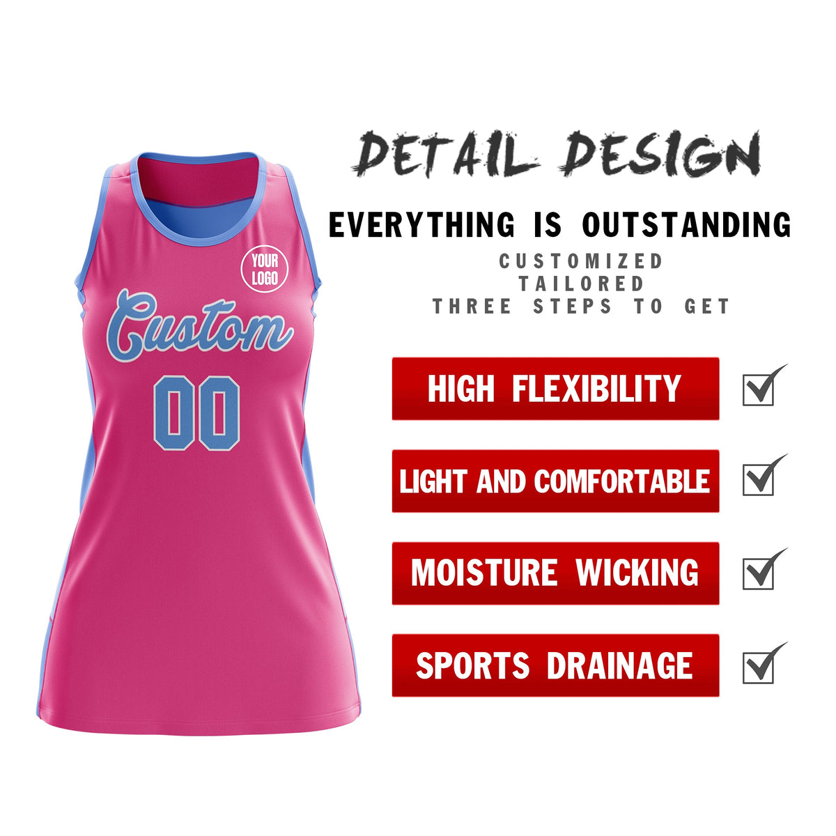 Custom Netball Dress | Pink Powder Blue Classic Style Two-Tone Professional Team Uniforms