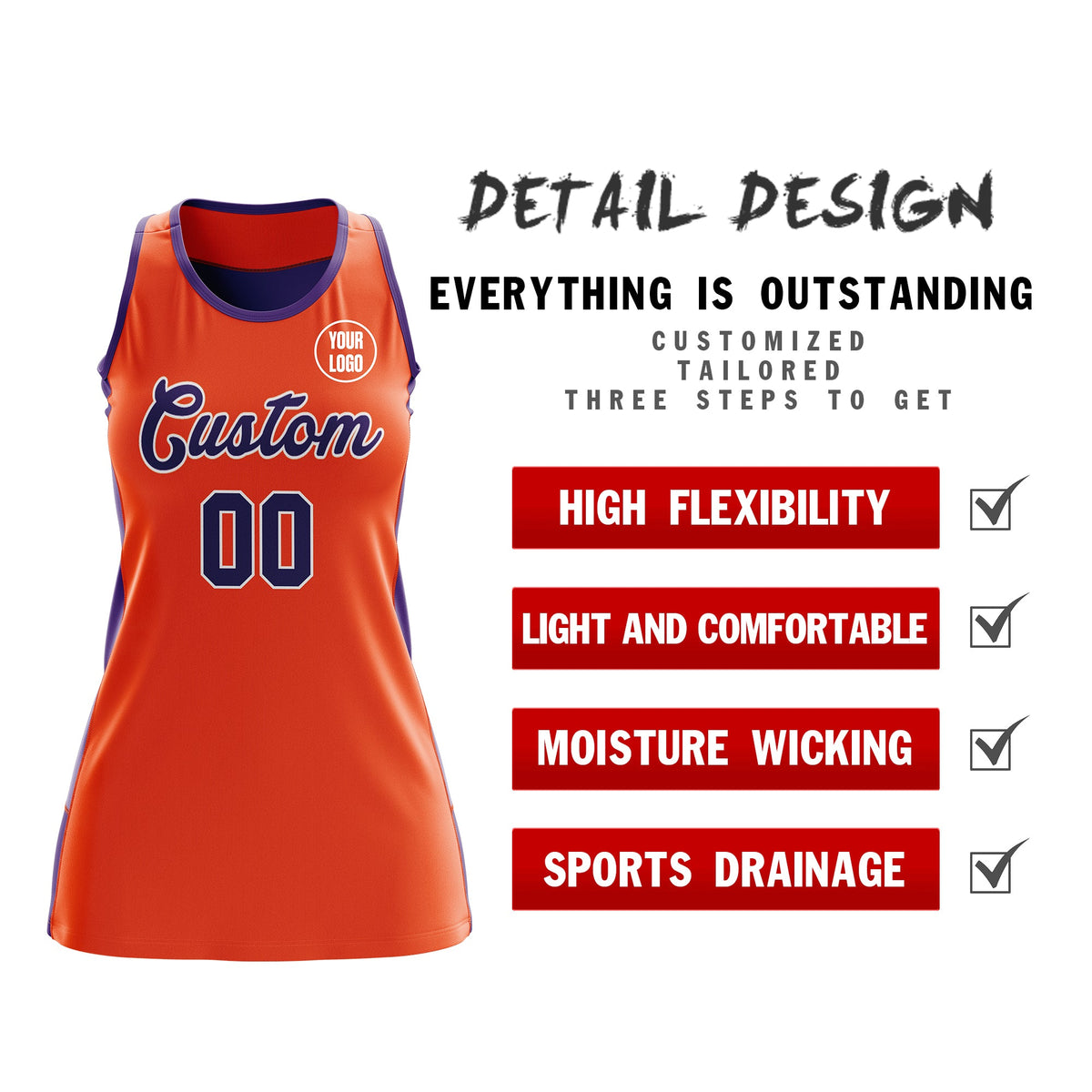Custom Netball Dress | Orange Purple Classic Style Two-Tone Professional Team Uniforms