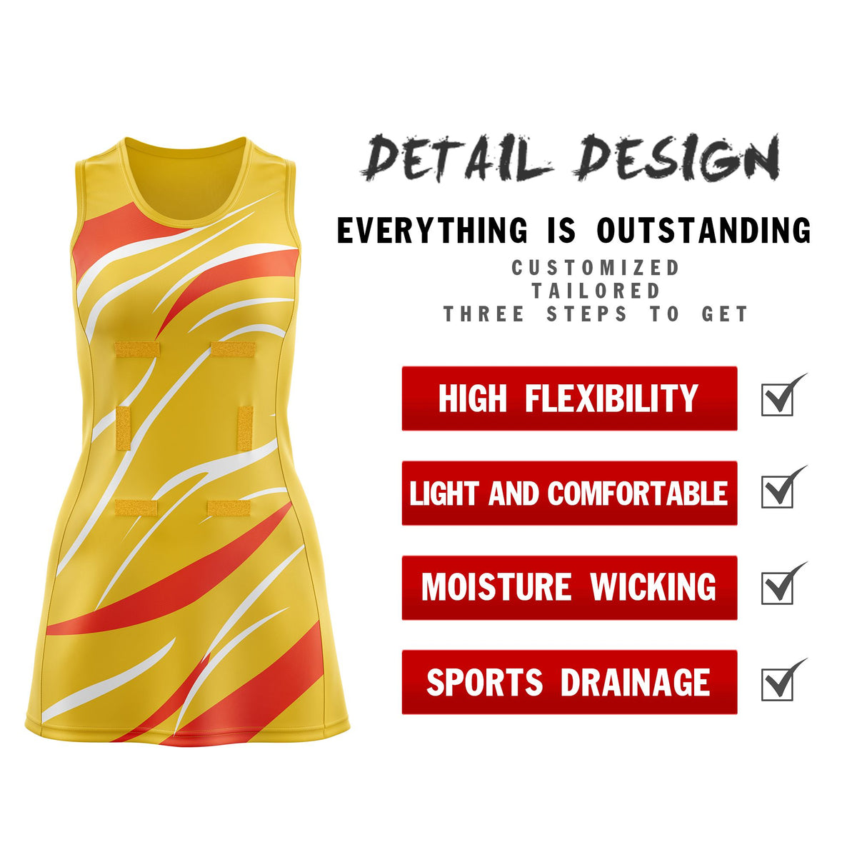 Custom Gold Orange Dynamic Stripes Breathable &amp; Quick-Drying Netball Dress