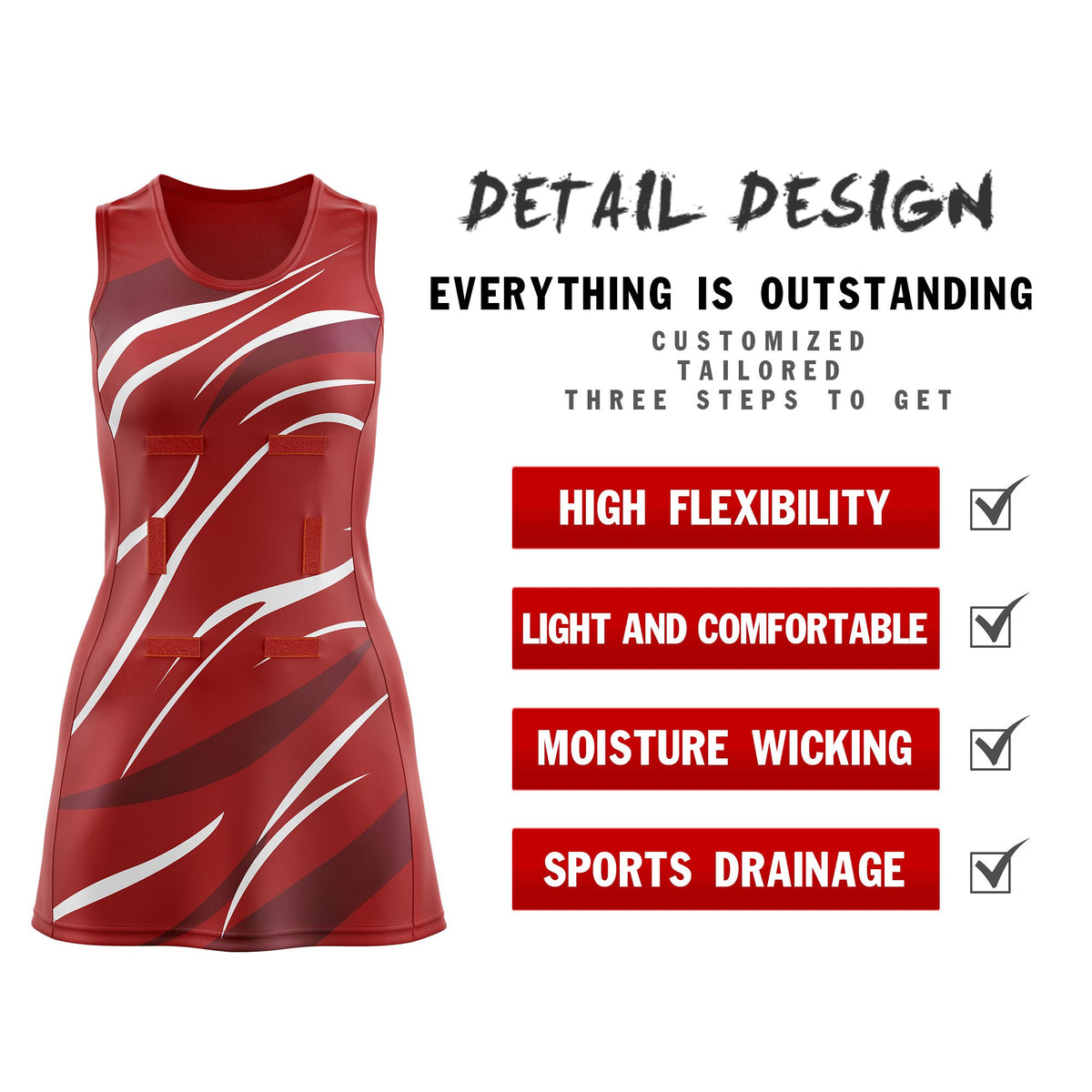 Custom Red Burgundy Dynamic Stripes Moisture-Wicking Netball Dress