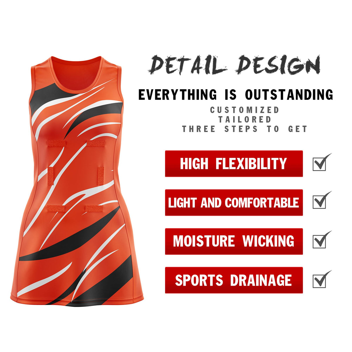 Custom Orange Black Dynamic Stripes Breathable &amp; Quick-Drying Netball Dress