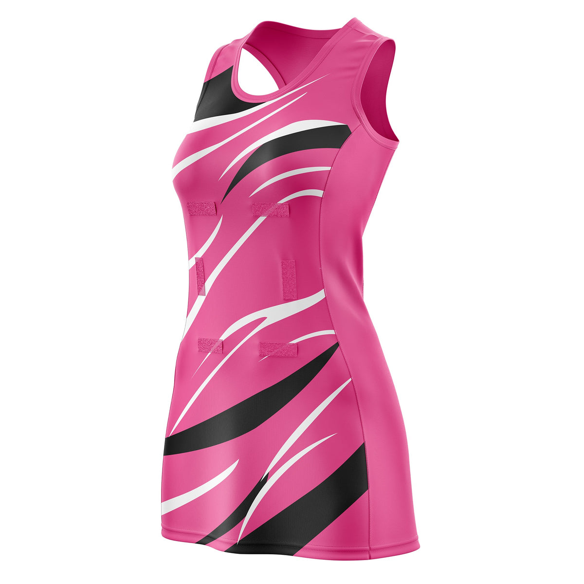 Custom Pink Black Dynamic Stripes Lightweight &amp; Drapable Netball Dress