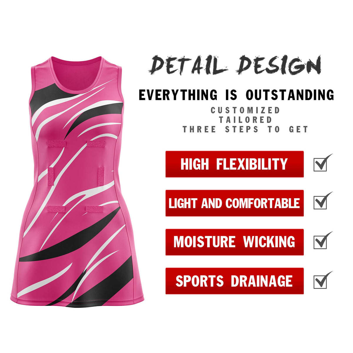 Custom Pink Black Dynamic Stripes Lightweight &amp; Drapable Netball Dress