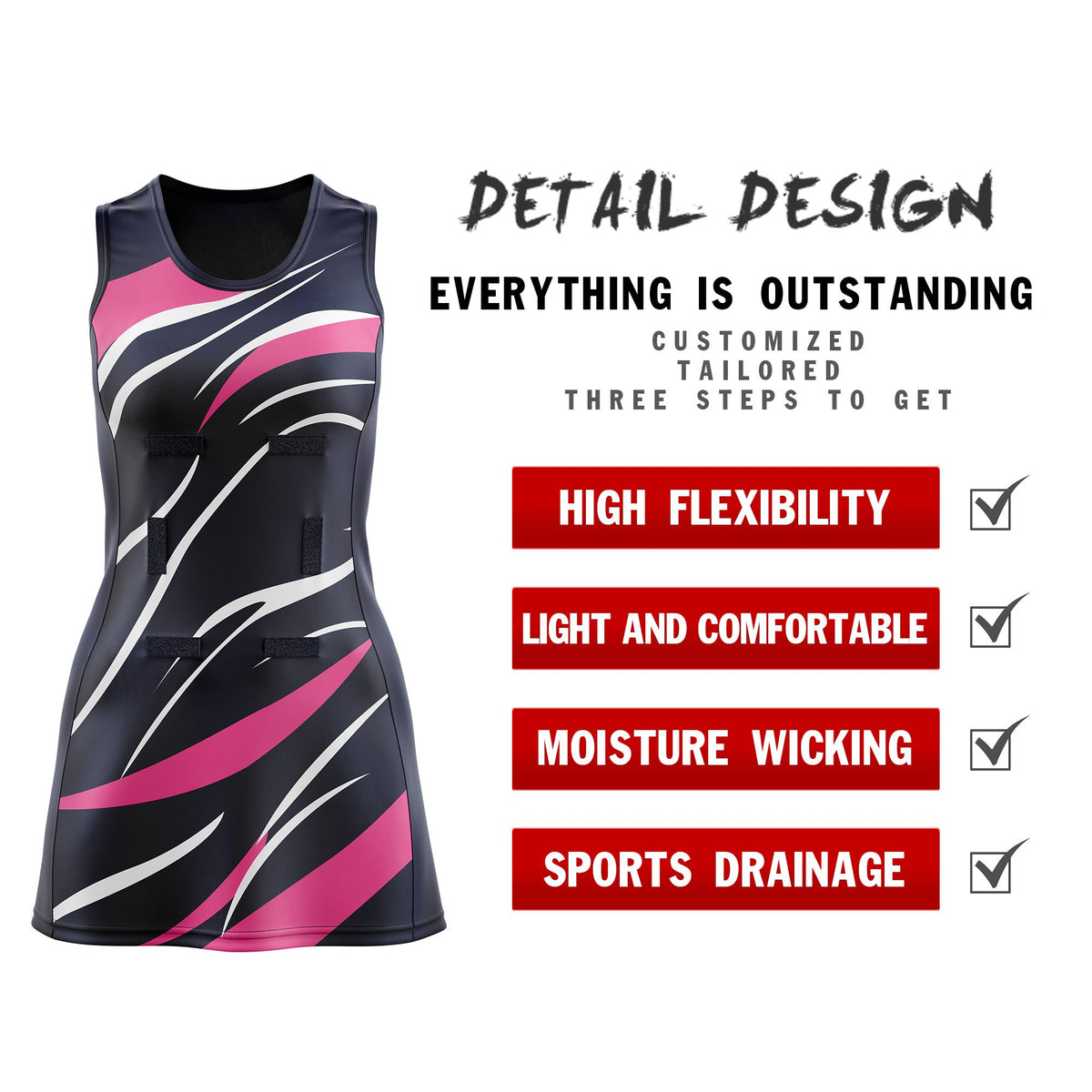 Custom Navy Pink Dynamic Stripes Lightweight &amp; Drapable Netball Dress