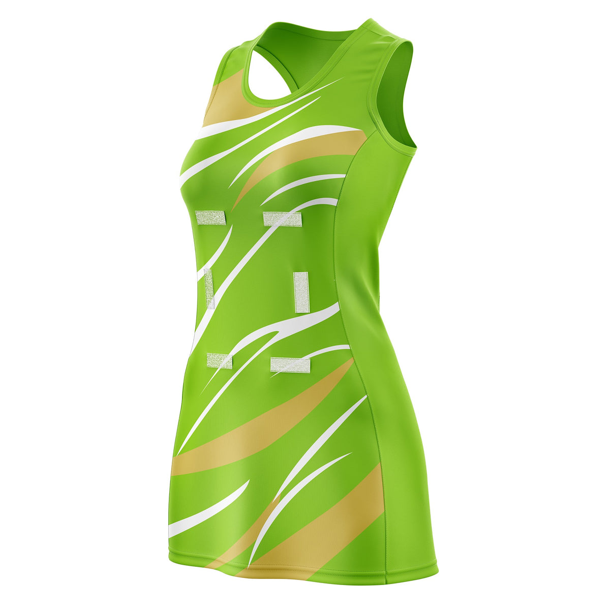 Custom Neon Green Old Gold Dynamic Stripes Wrinkle-Resistant Netball Dress