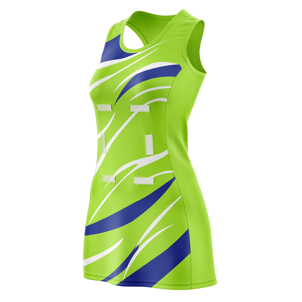 Custom Neon Green Royal Blue Dynamic Stripes Breathable &amp; Quick-Drying Netball Dress