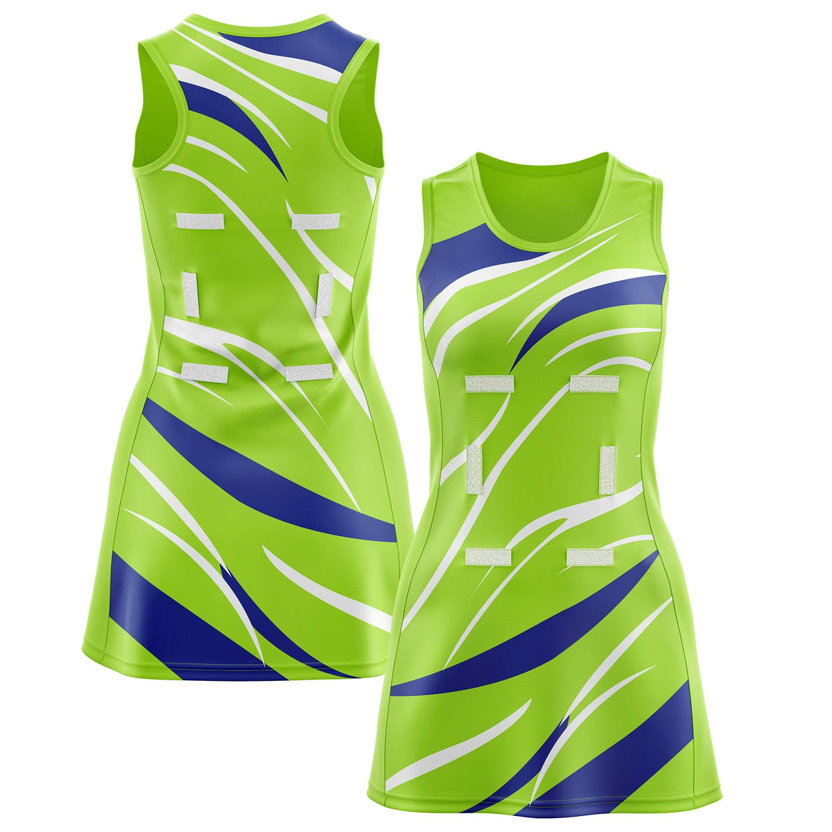 Custom Neon Green Royal Blue Dynamic Stripes Breathable &amp; Quick-Drying Netball Dress |KXKSHOP