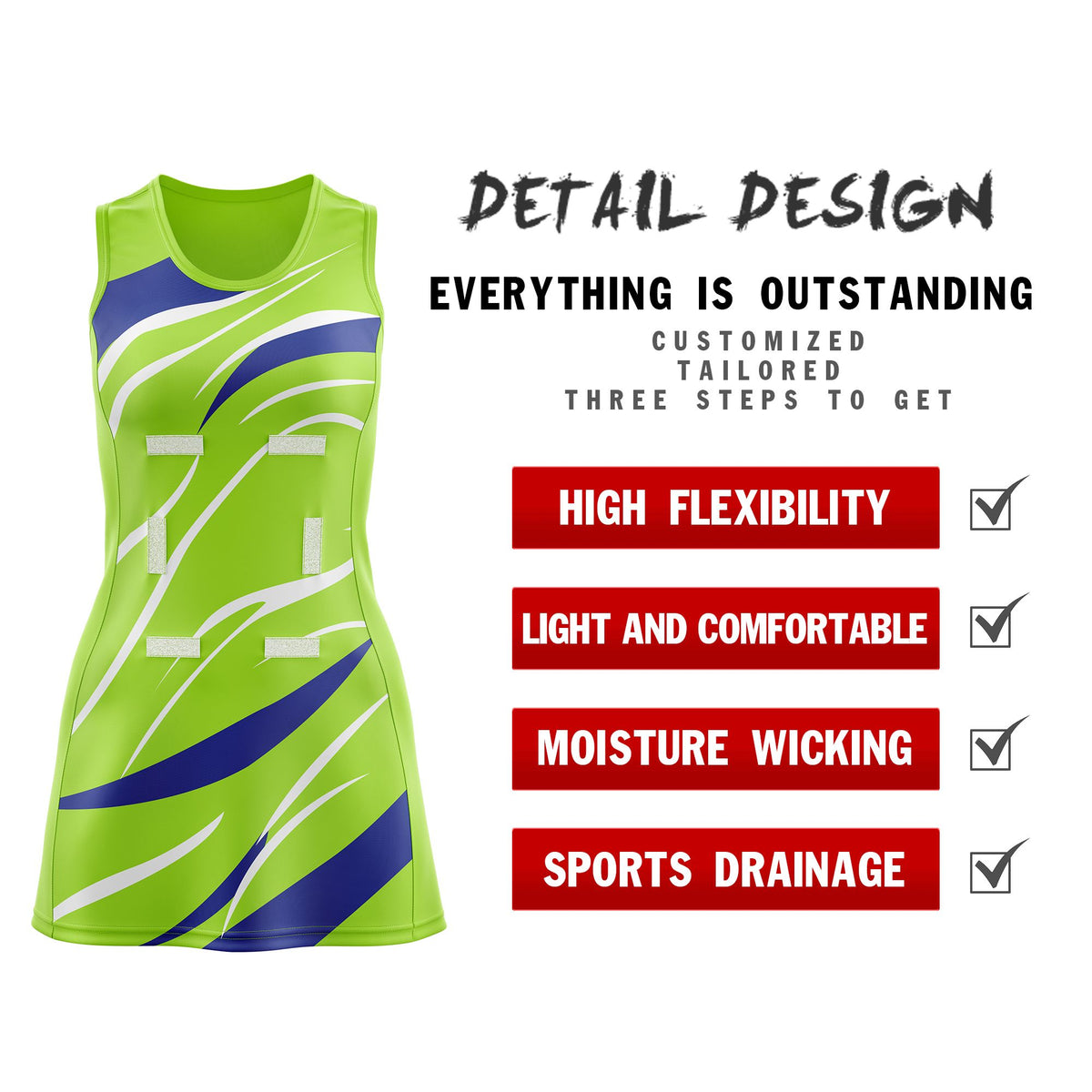Custom Neon Green Royal Blue Dynamic Stripes Breathable &amp; Quick-Drying Netball Dress