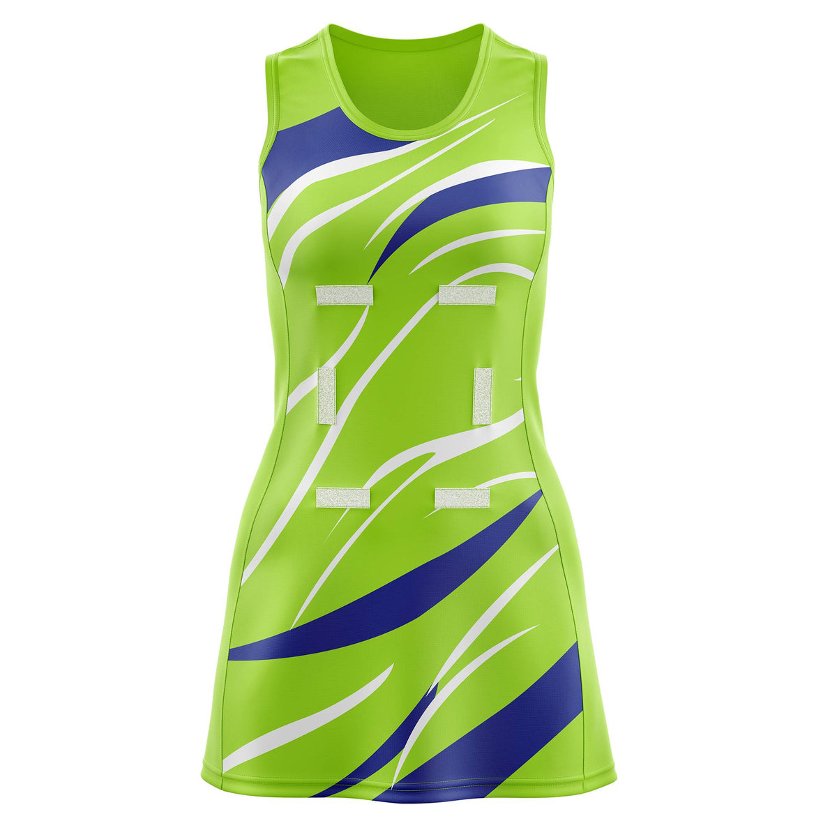 Custom Neon Green Royal Blue Dynamic Stripes Breathable &amp; Quick-Drying Netball Dress