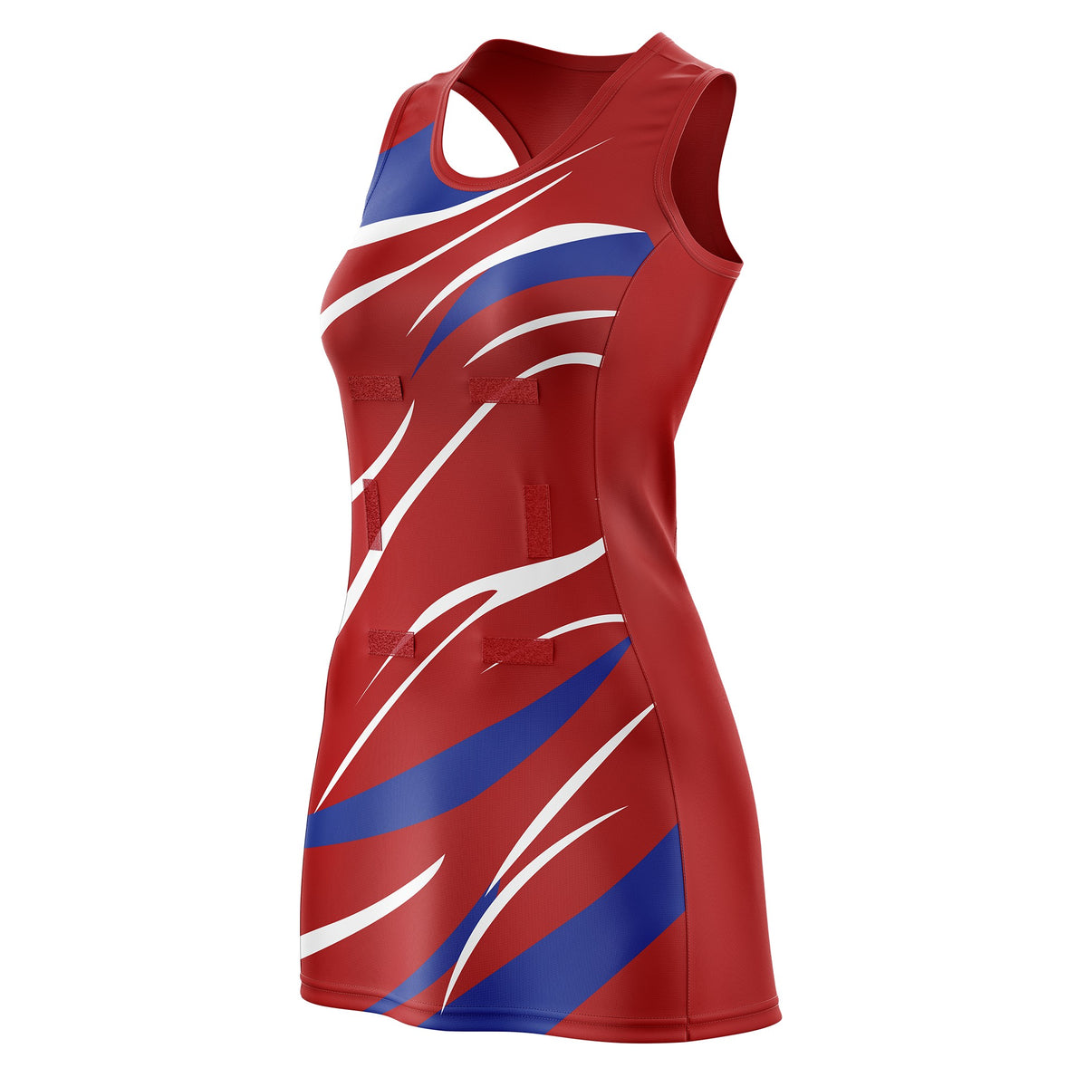 Custom Red Royal Blue Dynamic Stripes Lightweight &amp; Drapable Netball Dress