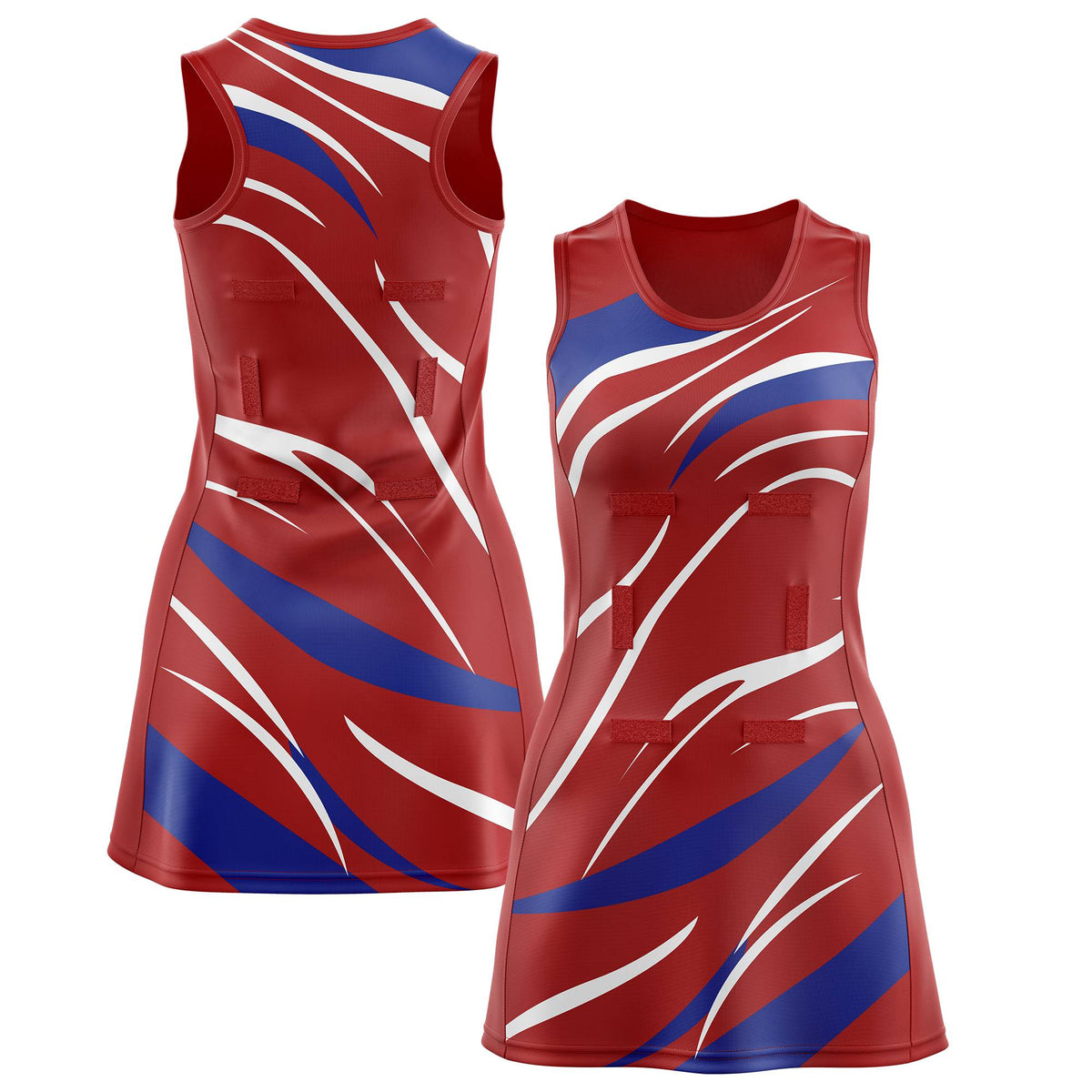 Custom Red Royal Blue Dynamic Stripes Lightweight &amp; Drapable Netball Dress |KXKSHOP