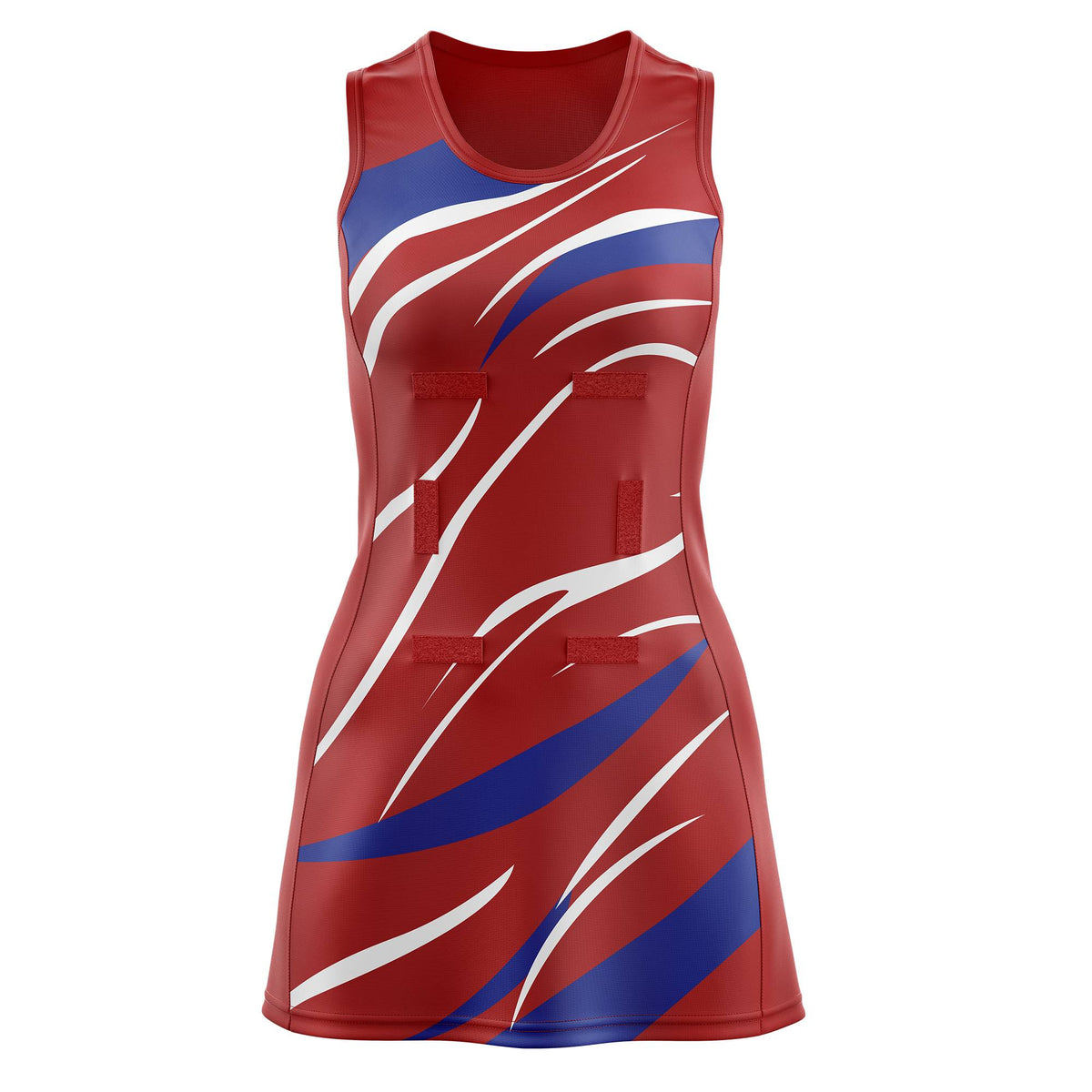 Custom Red Royal Blue Dynamic Stripes Lightweight &amp; Drapable Netball Dress