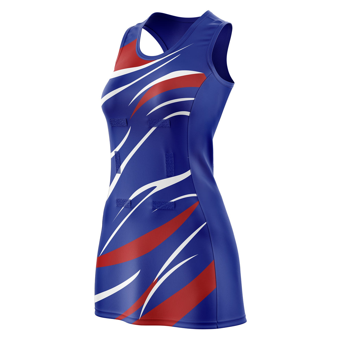 Custom Royal Blue Red Dynamic Stripes Wrinkle-Resistant Netball Dress