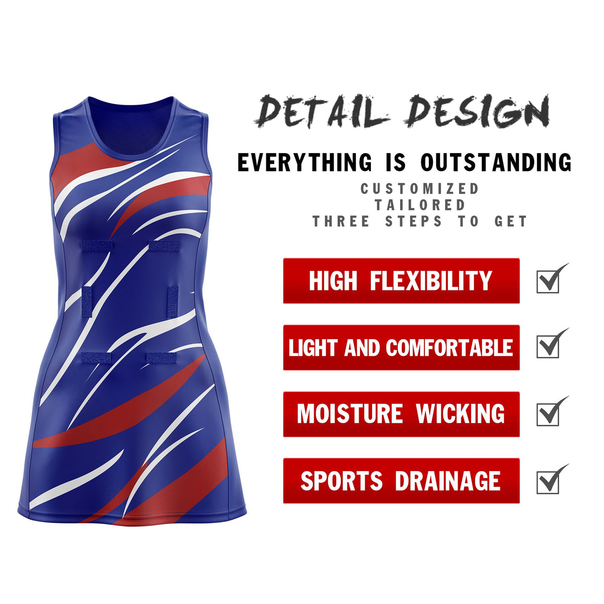 Custom Royal Blue Red Dynamic Stripes Wrinkle-Resistant Netball Dress
